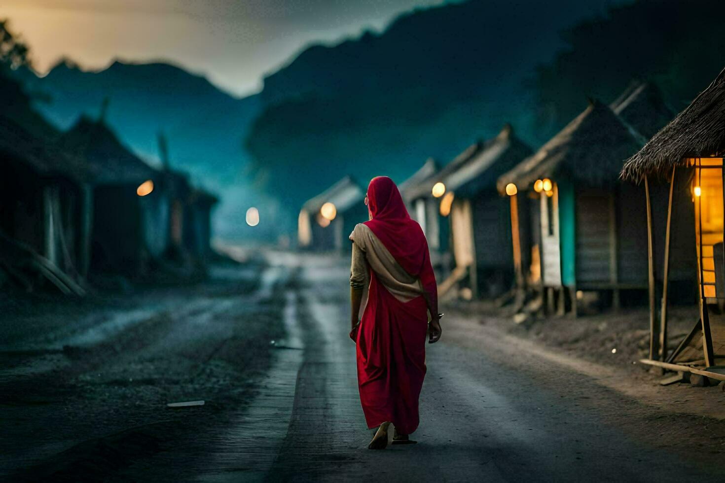 un' donna nel un' rosso sari passeggiate giù un' sporco strada. ai-generato foto