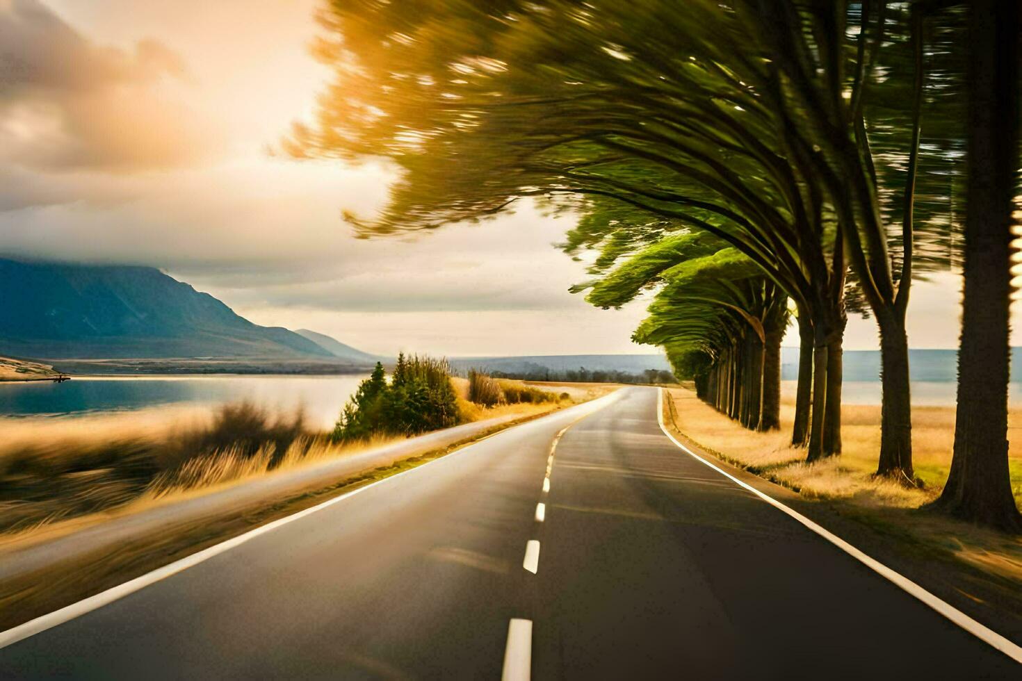 un' lungo strada con alberi e acqua nel il sfondo. ai-generato foto