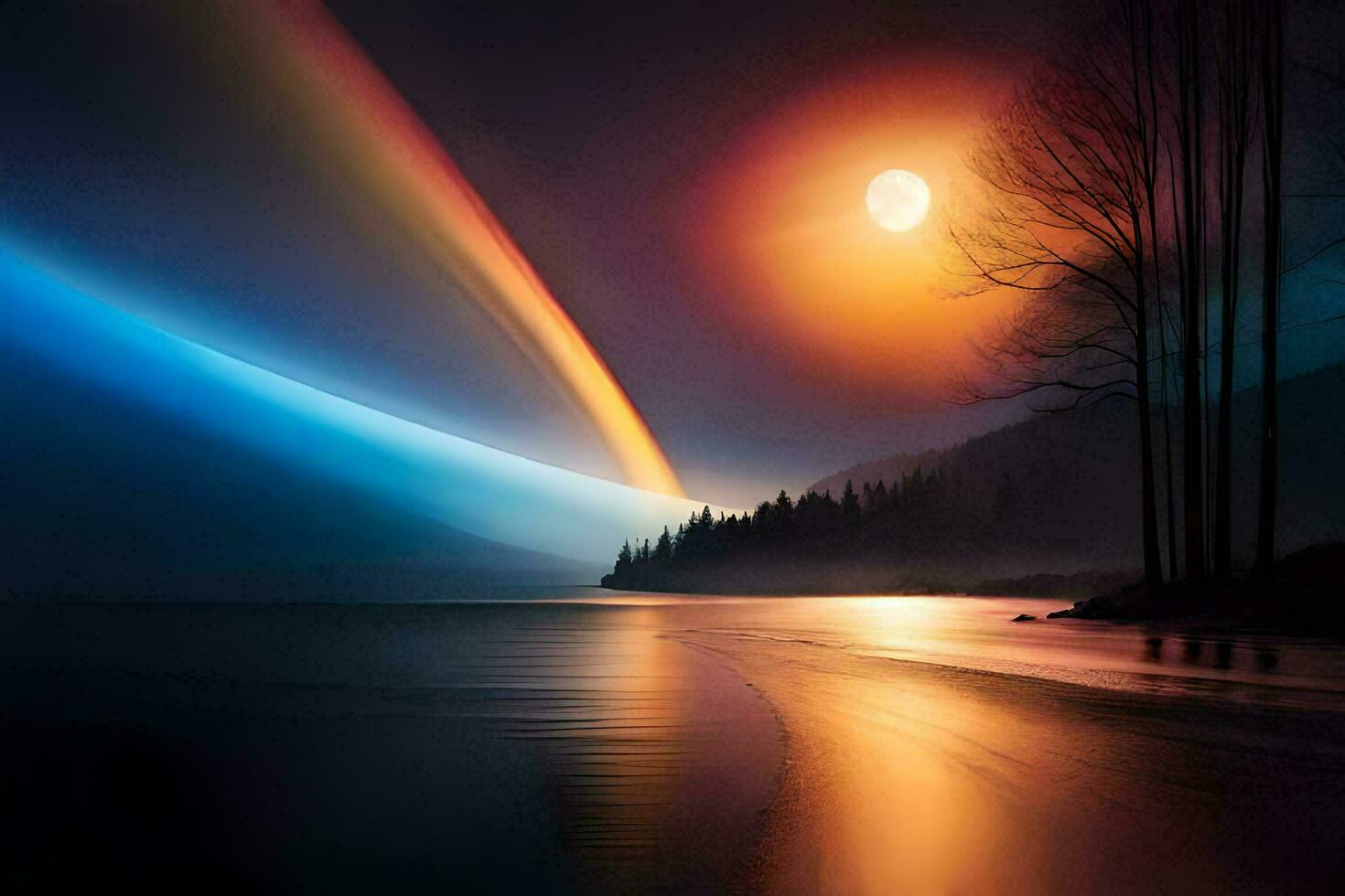 un' arcobaleno è riflessa nel il acqua a notte. ai-generato foto