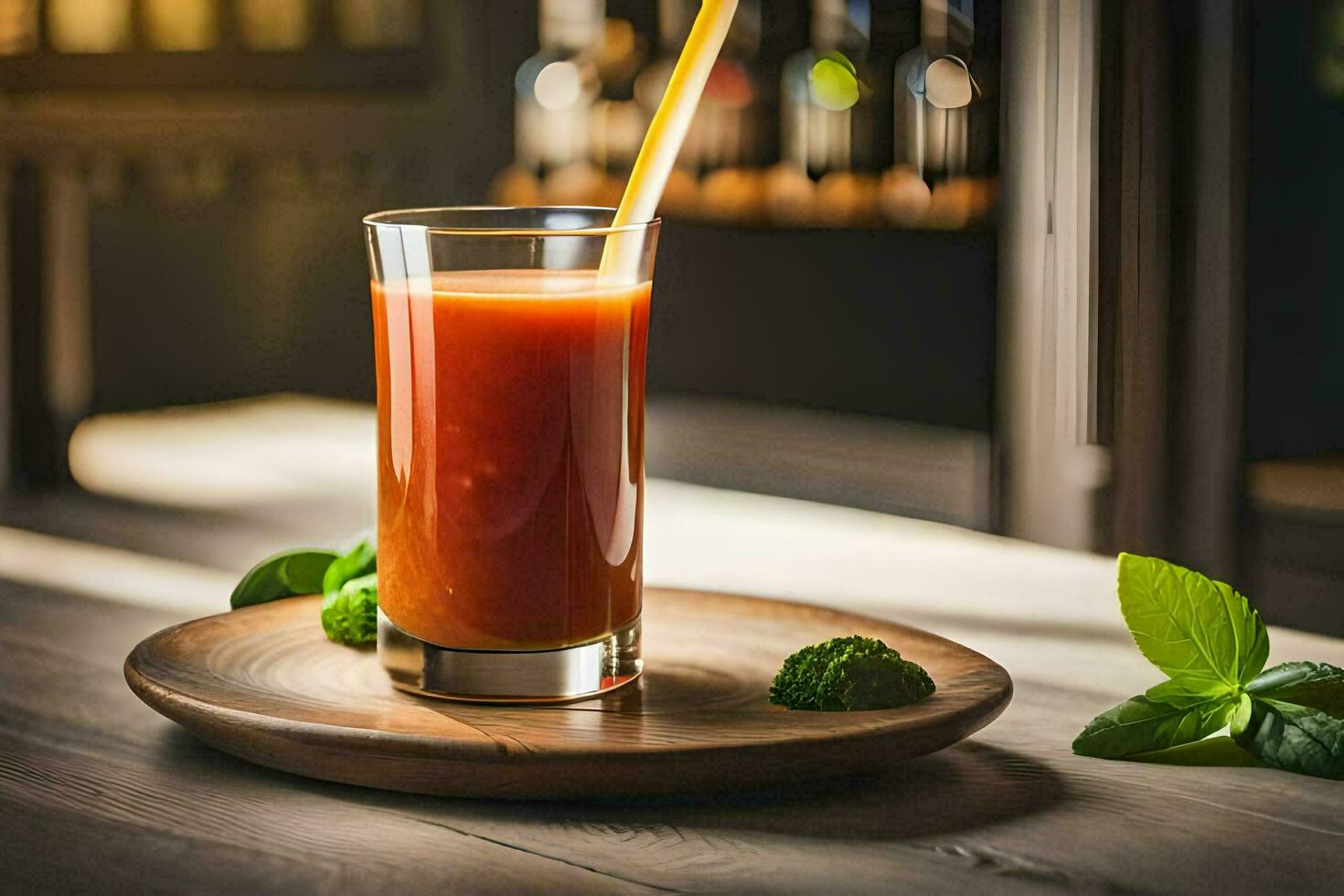 un' bicchiere di succo su un' di legno tavolo. ai-generato foto