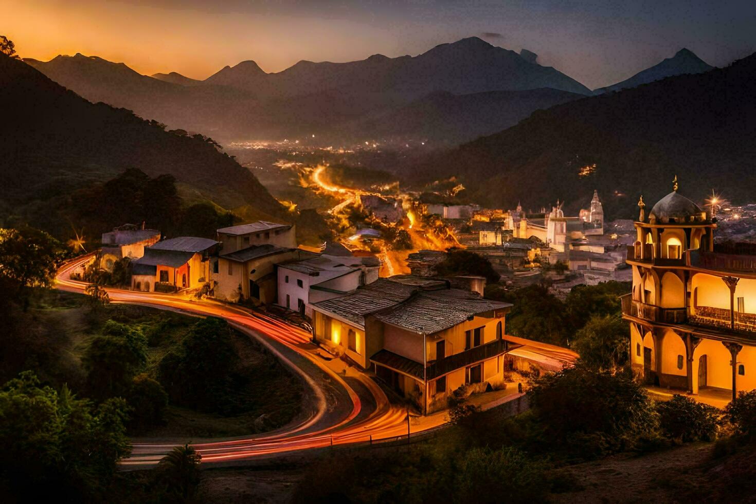 foto sfondo il cielo, montagne, notte, cittadina, strada, strada, strada, strada,. ai-generato