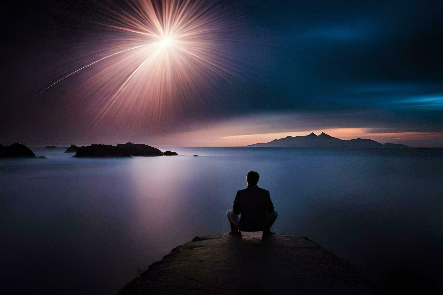 un' uomo seduta su un' roccia Guardando un' fuochi d'artificio Schermo. ai-generato foto