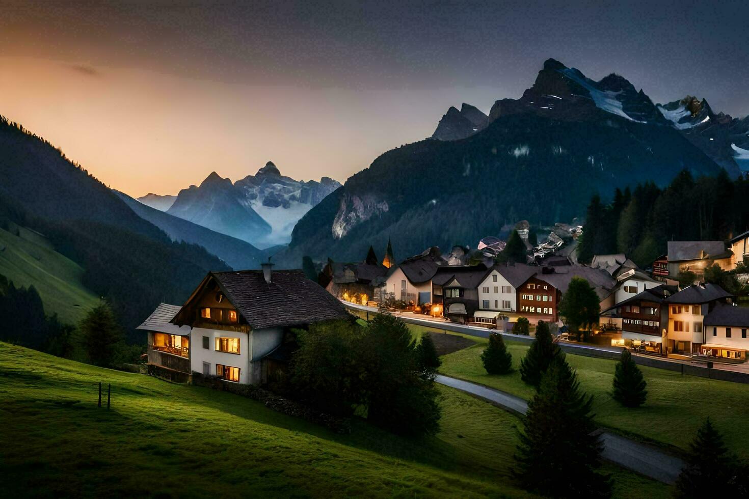 foto sfondo il cielo, montagne, alberi, case, il villaggio, il montagne, il villaggio. ai-generato