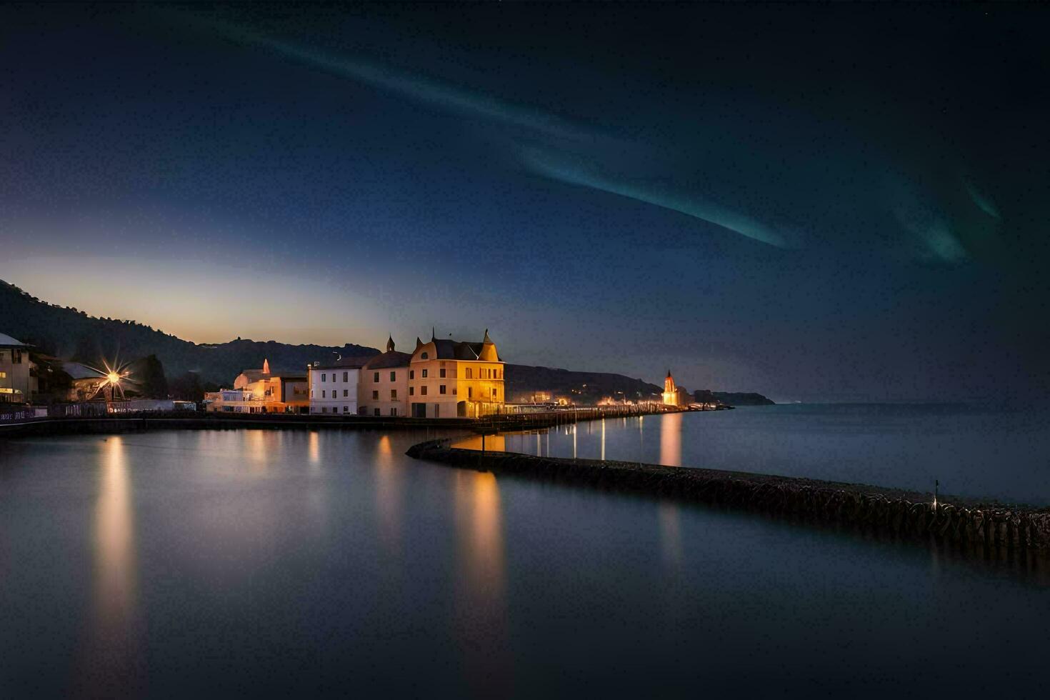 foto sfondo il cielo, notte, il mare, il città, il faro, il faro,. ai-generato