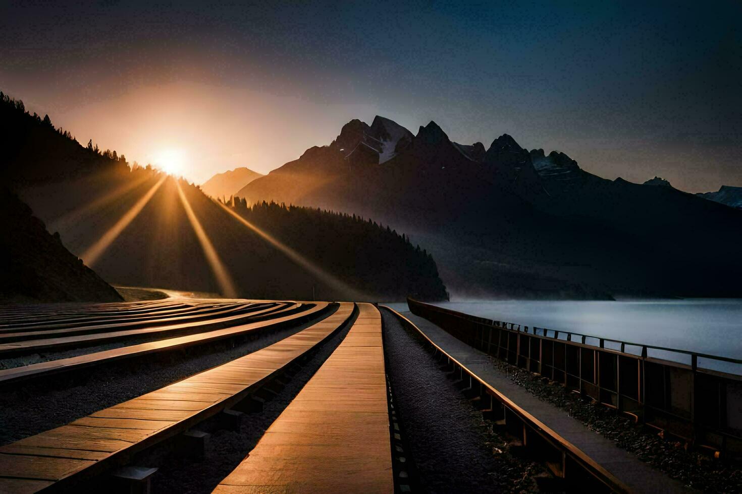 il sole è ambientazione al di sopra di un' lago e Ferrovia brani. ai-generato foto