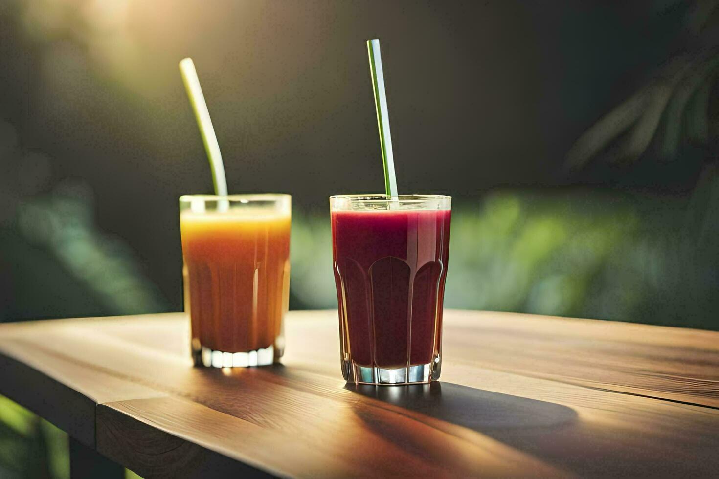 Due bicchieri di succo su un' di legno tavolo. ai-generato foto