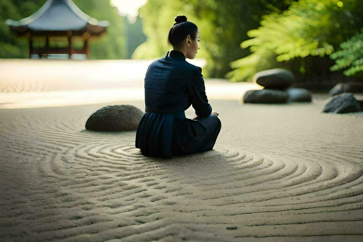 un' donna seduta su il terra nel il sabbia. ai-generato foto
