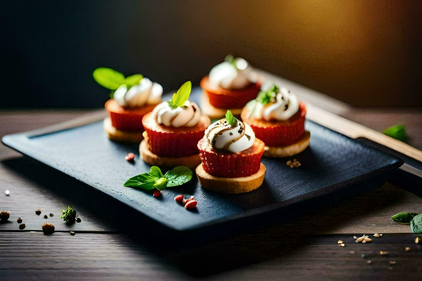 piccolo dolci su un' nero piatto. ai-generato foto