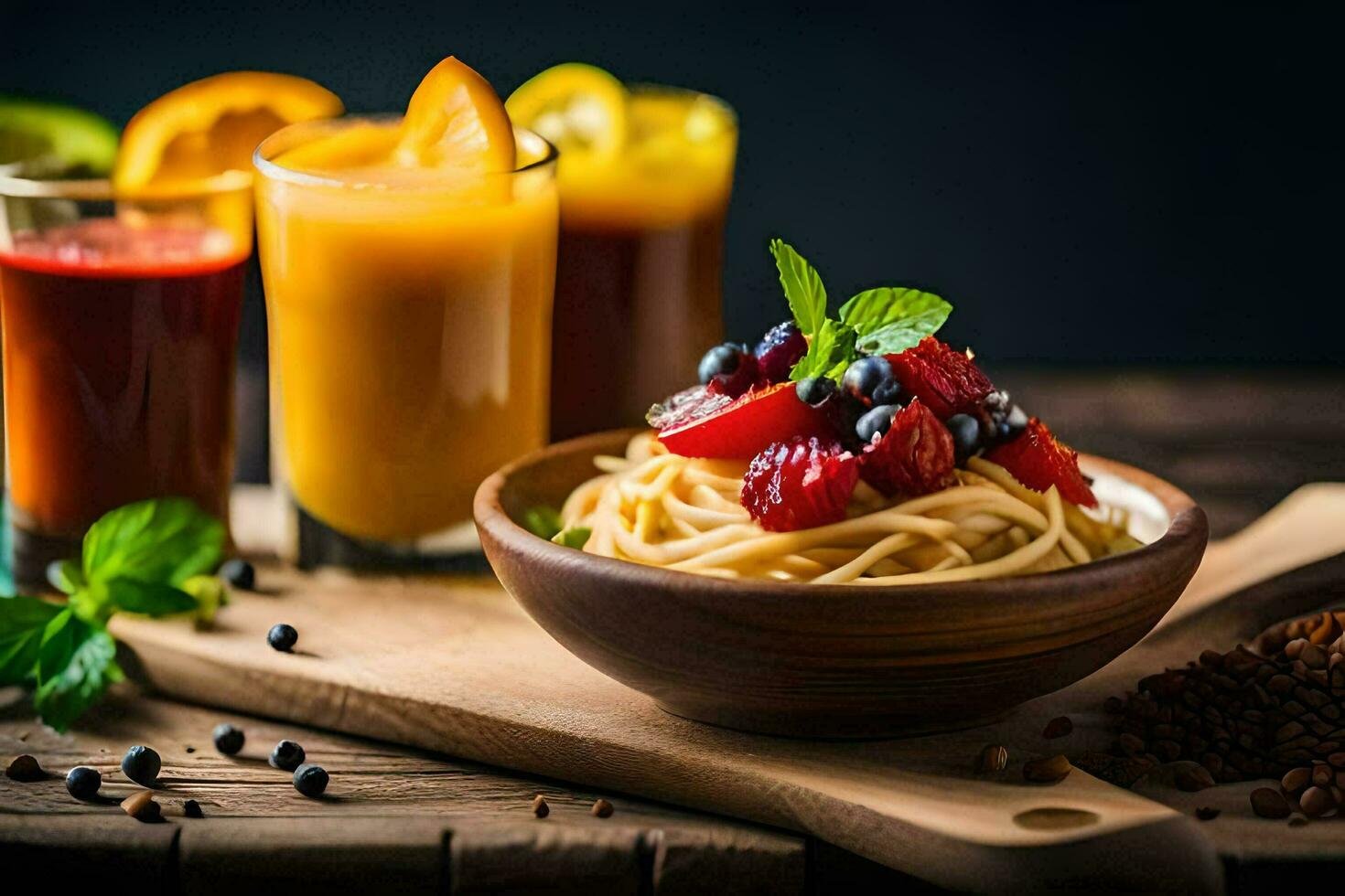 un' ciotola di pasta con frutta e succo su un' di legno tavolo. ai-generato foto