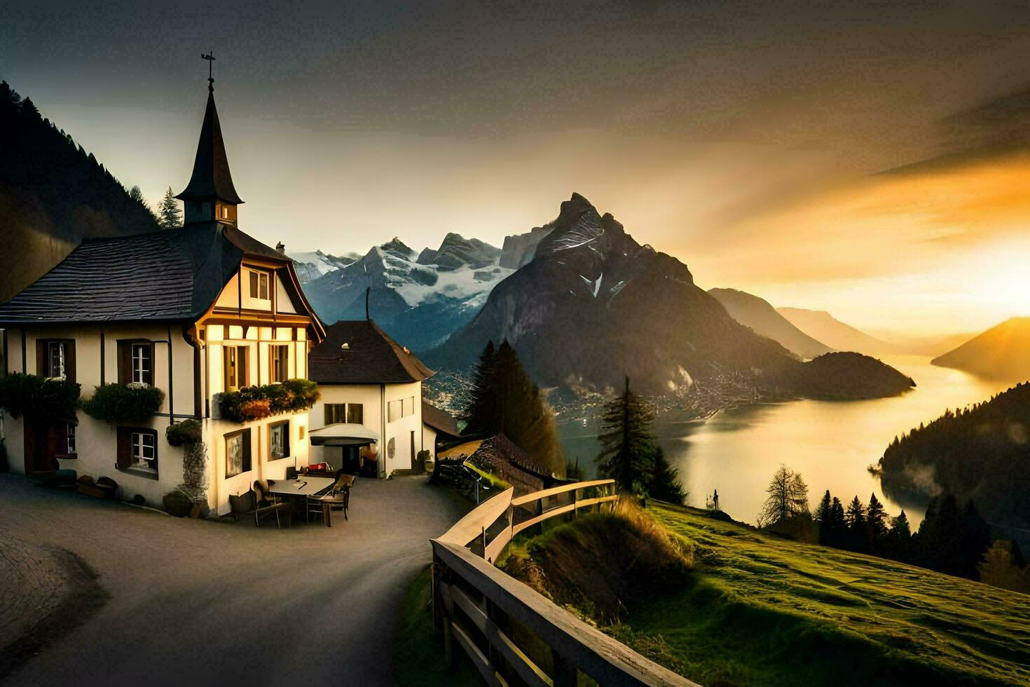 un' Casa si siede su il lato di un' montagna prospiciente un' lago. ai-generato foto