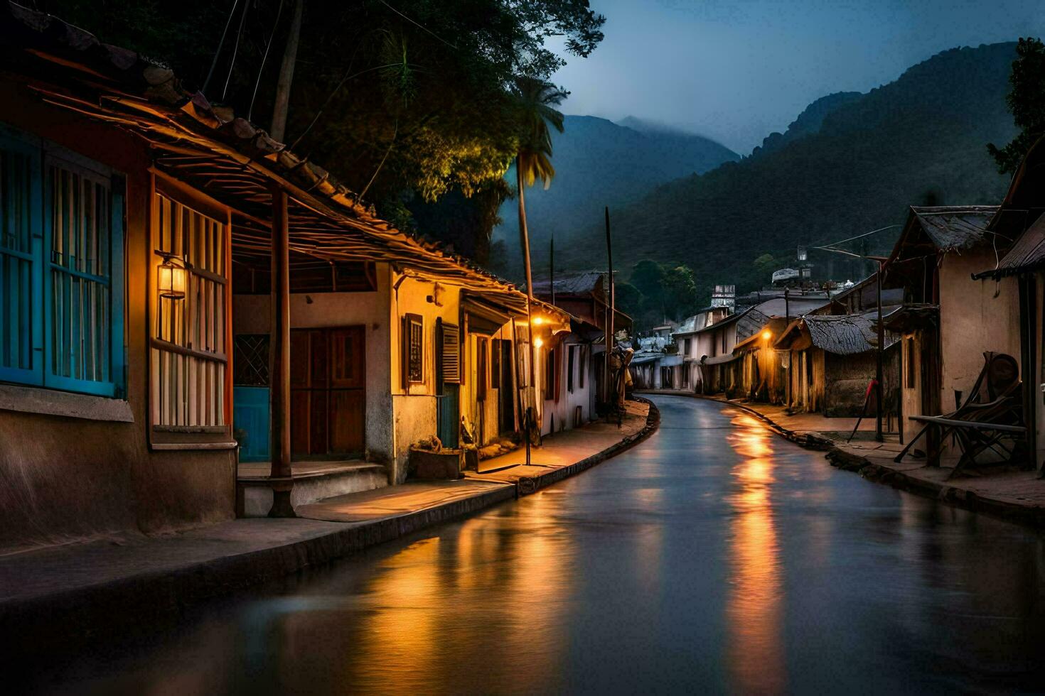 un' stretto strada nel il mezzo di un' villaggio a notte. ai-generato foto