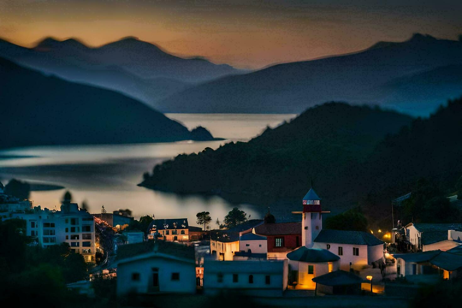 un' piccolo cittadina si siede su il bordo di un' lago a crepuscolo. ai-generato foto