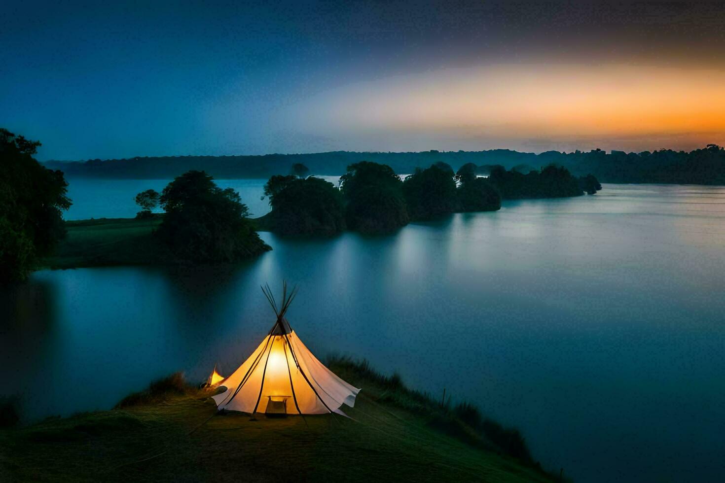 il Tipi è illuminato su a crepuscolo su il bordo di un' lago. ai-generato foto