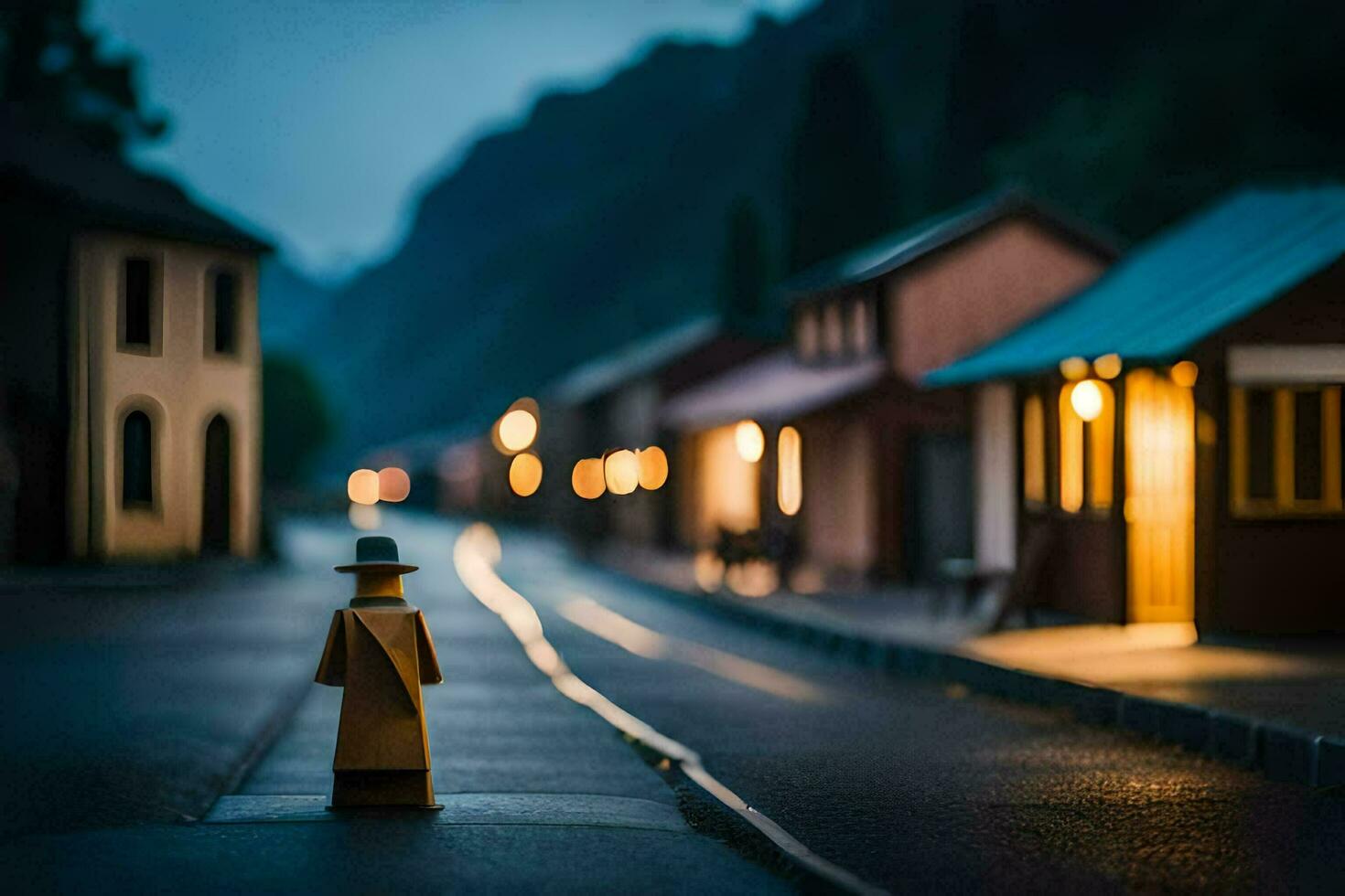 un' piccolo Lego figura sta nel il mezzo di un' strada. ai-generato foto