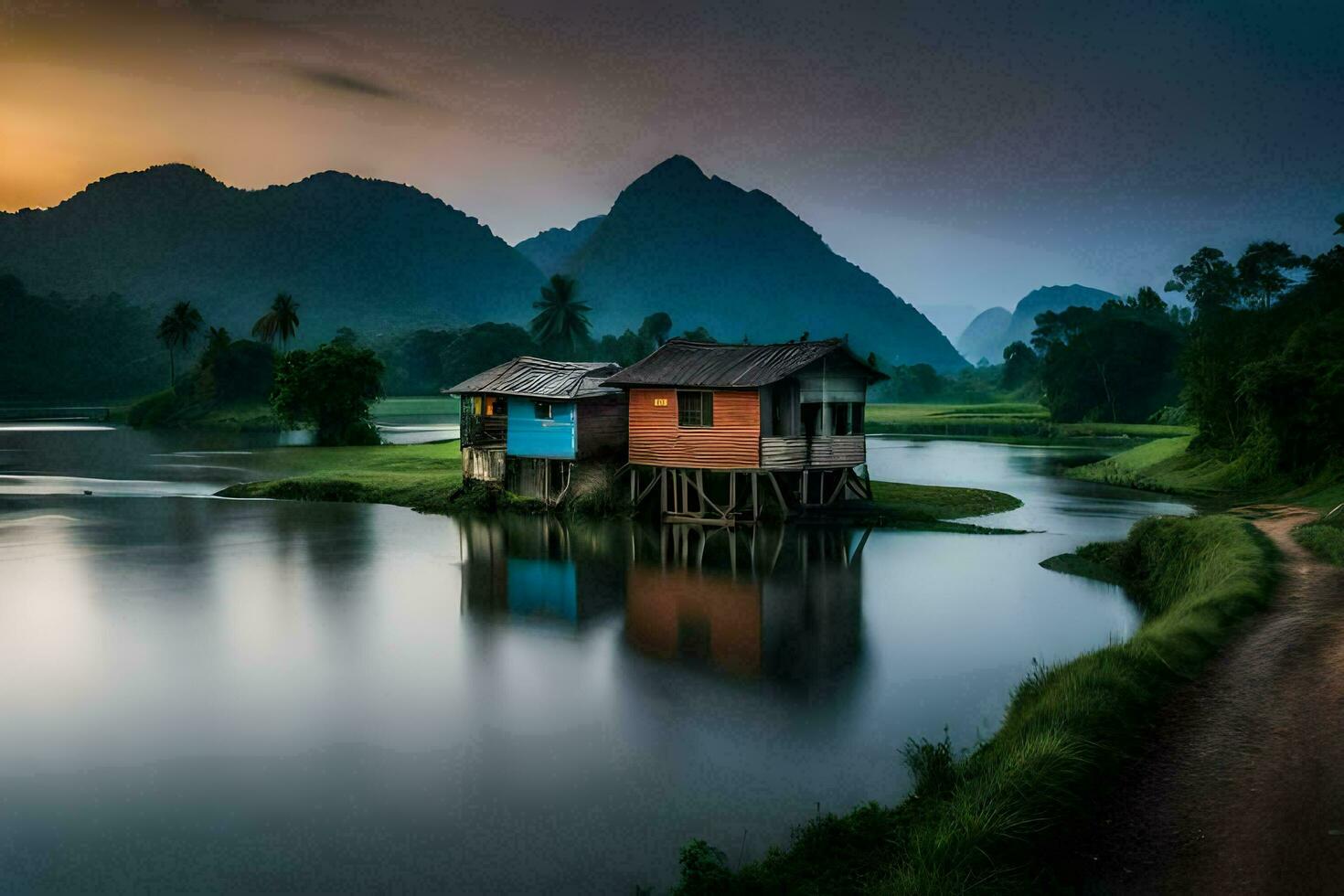 un' piccolo Casa si siede su il bordo di un' fiume. ai-generato foto