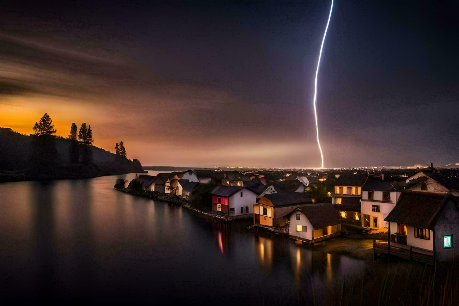 un' fulmine bullone striature attraverso il cielo al di sopra di un' lago. ai-generato foto