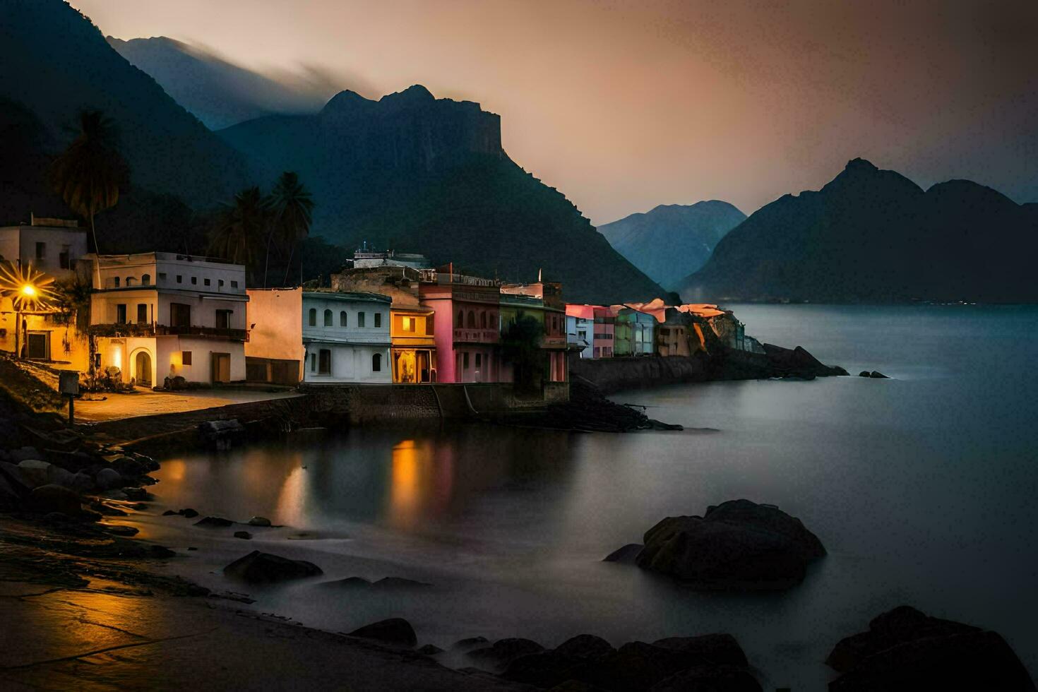 un' cittadina su il costa a crepuscolo con montagne nel il sfondo. ai-generato foto