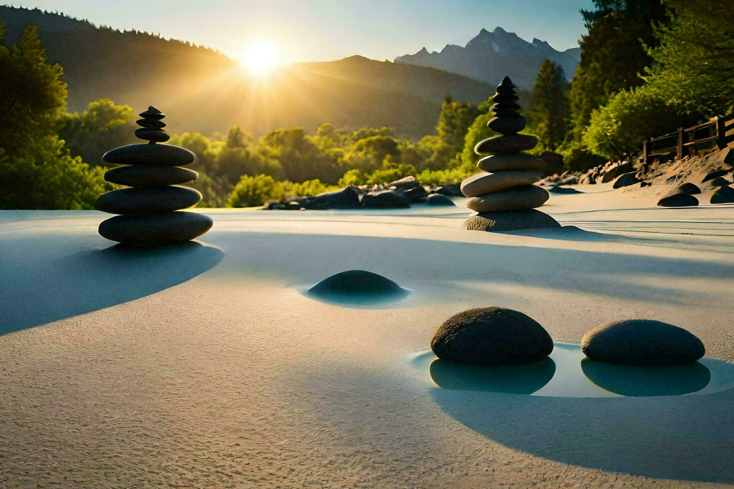 il sole è ambientazione al di sopra di un' campo di rocce. ai-generato foto