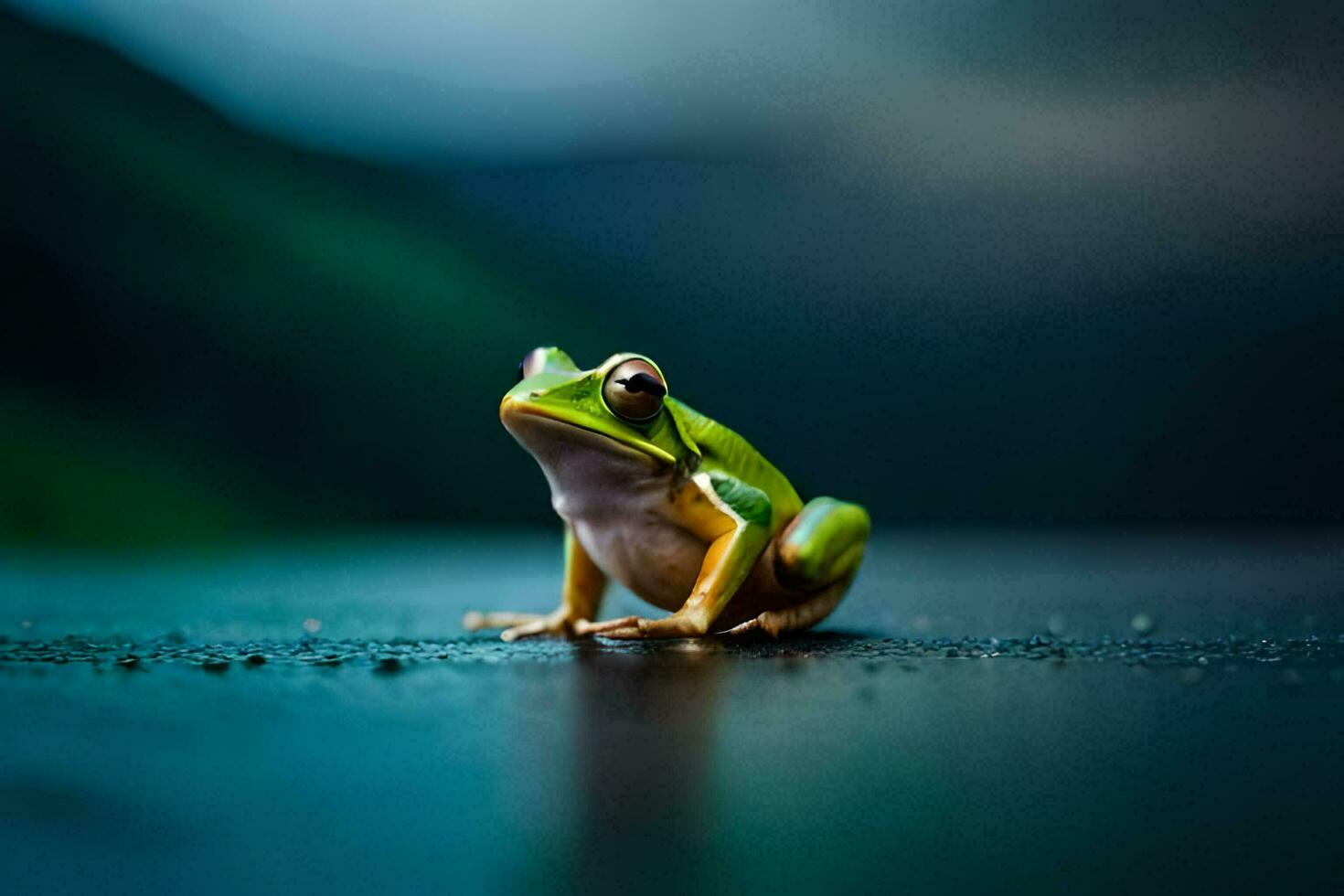 un' rana seduta su il terra nel davanti di un' buio sfondo. ai-generato foto