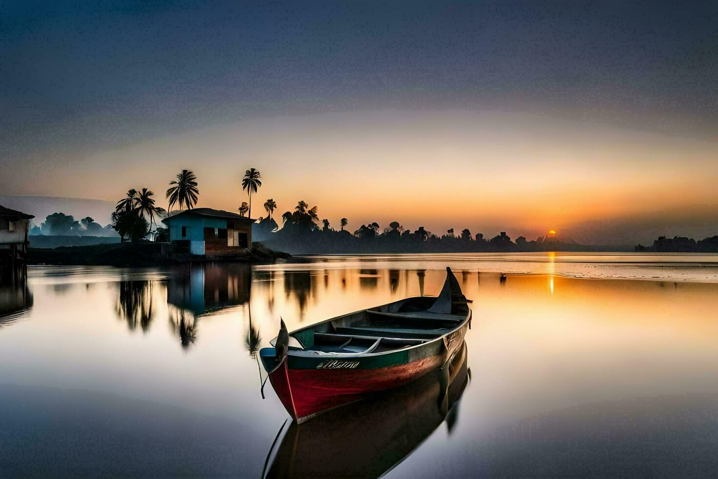 un' barca si siede su il acqua a tramonto. ai-generato foto