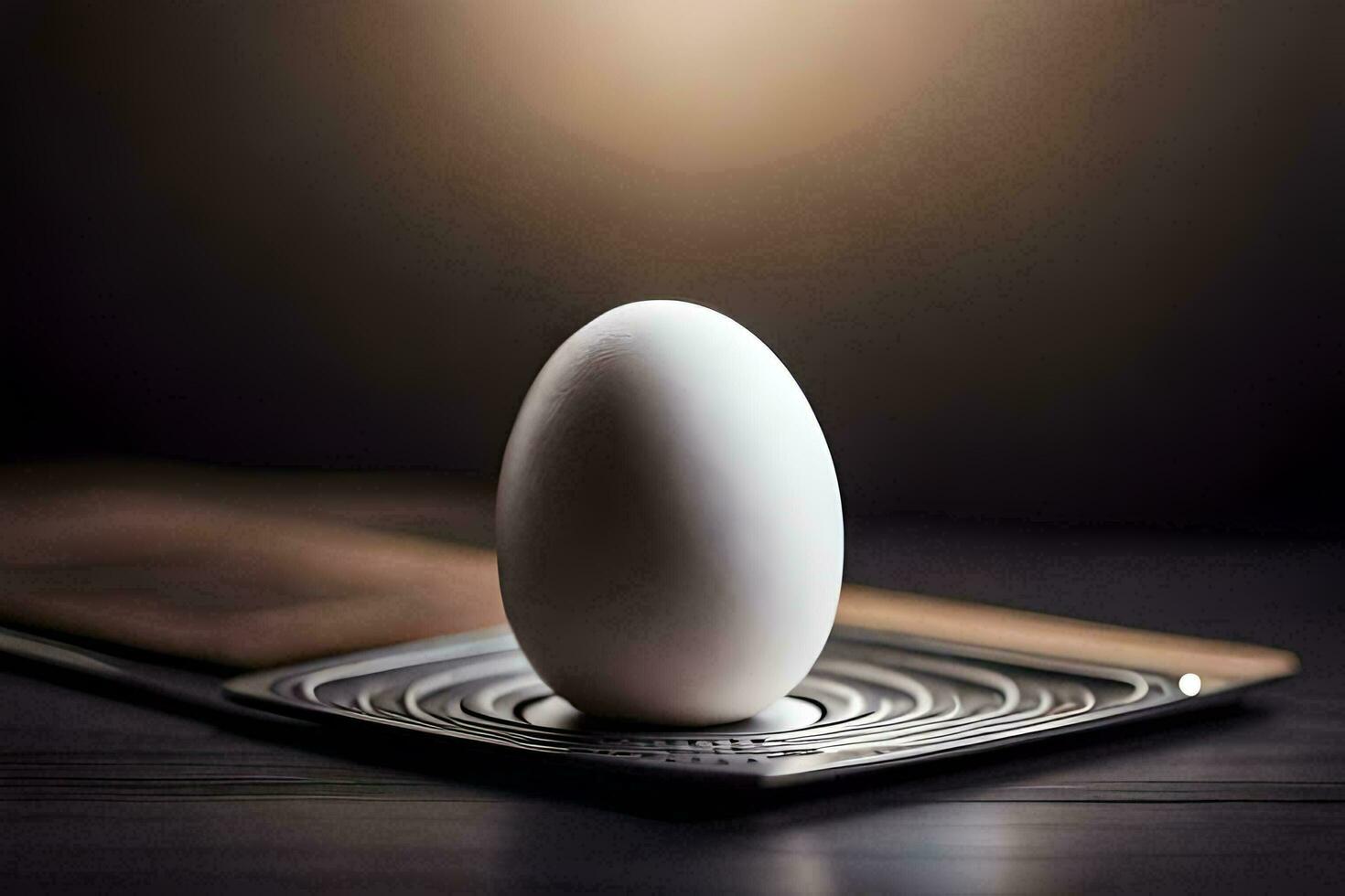 un uovo seduta su superiore di un' metallo vassoio. ai-generato foto