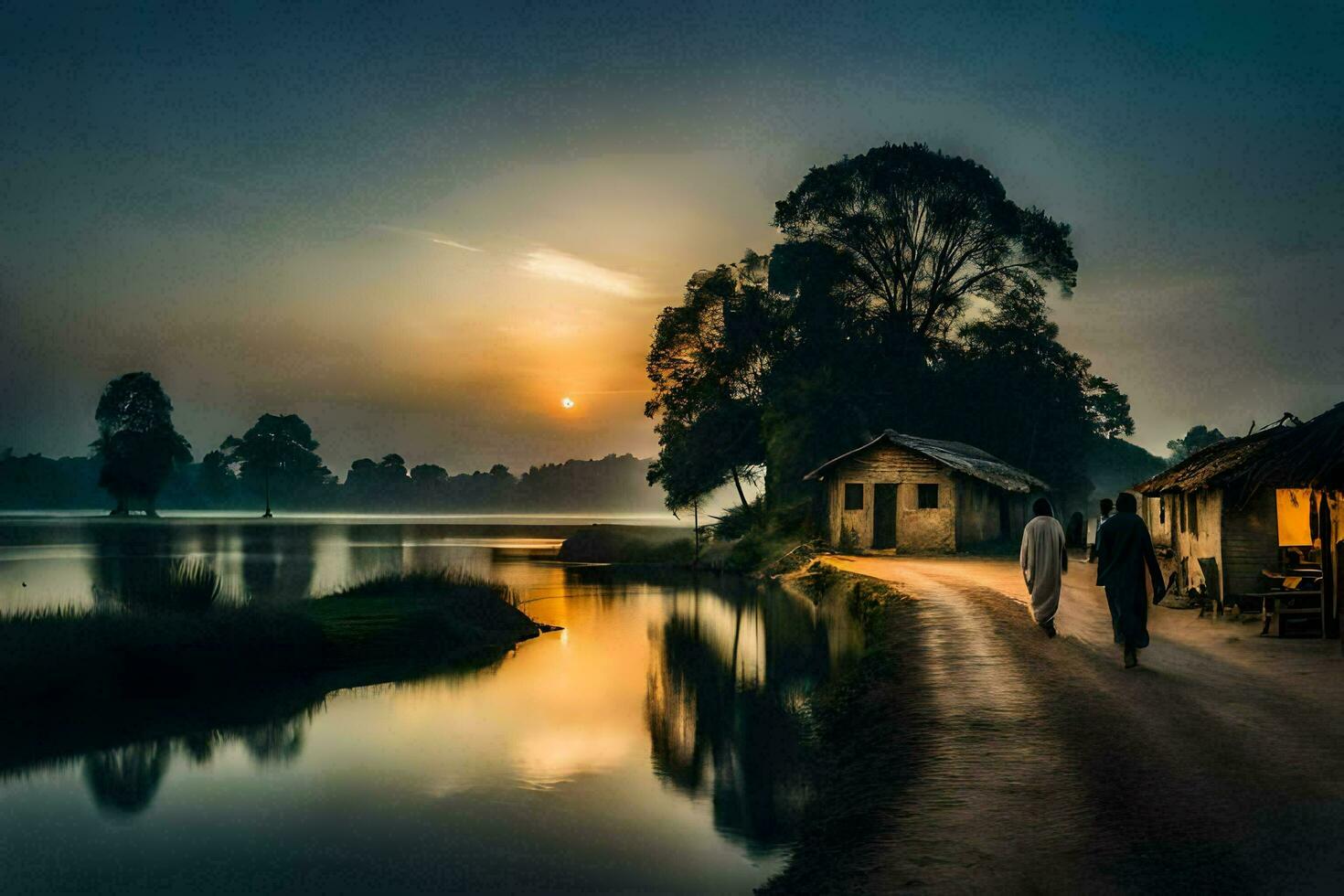 il sole sorge al di sopra di il villaggio. ai-generato foto