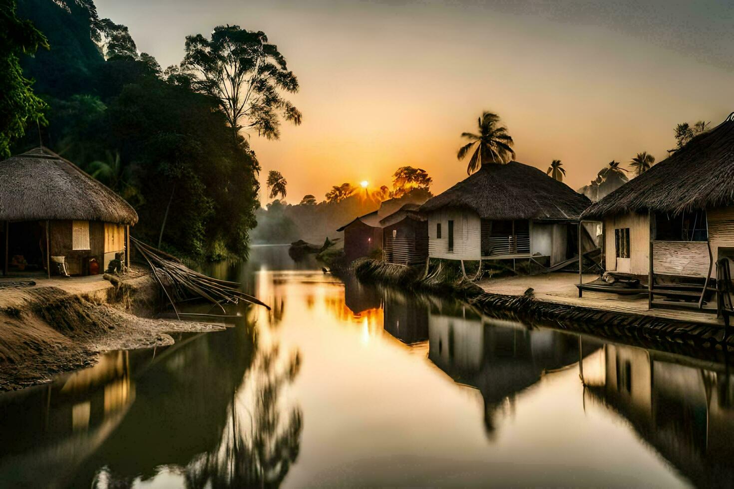 un' fiume nel il mezzo di un' villaggio a tramonto. ai-generato foto