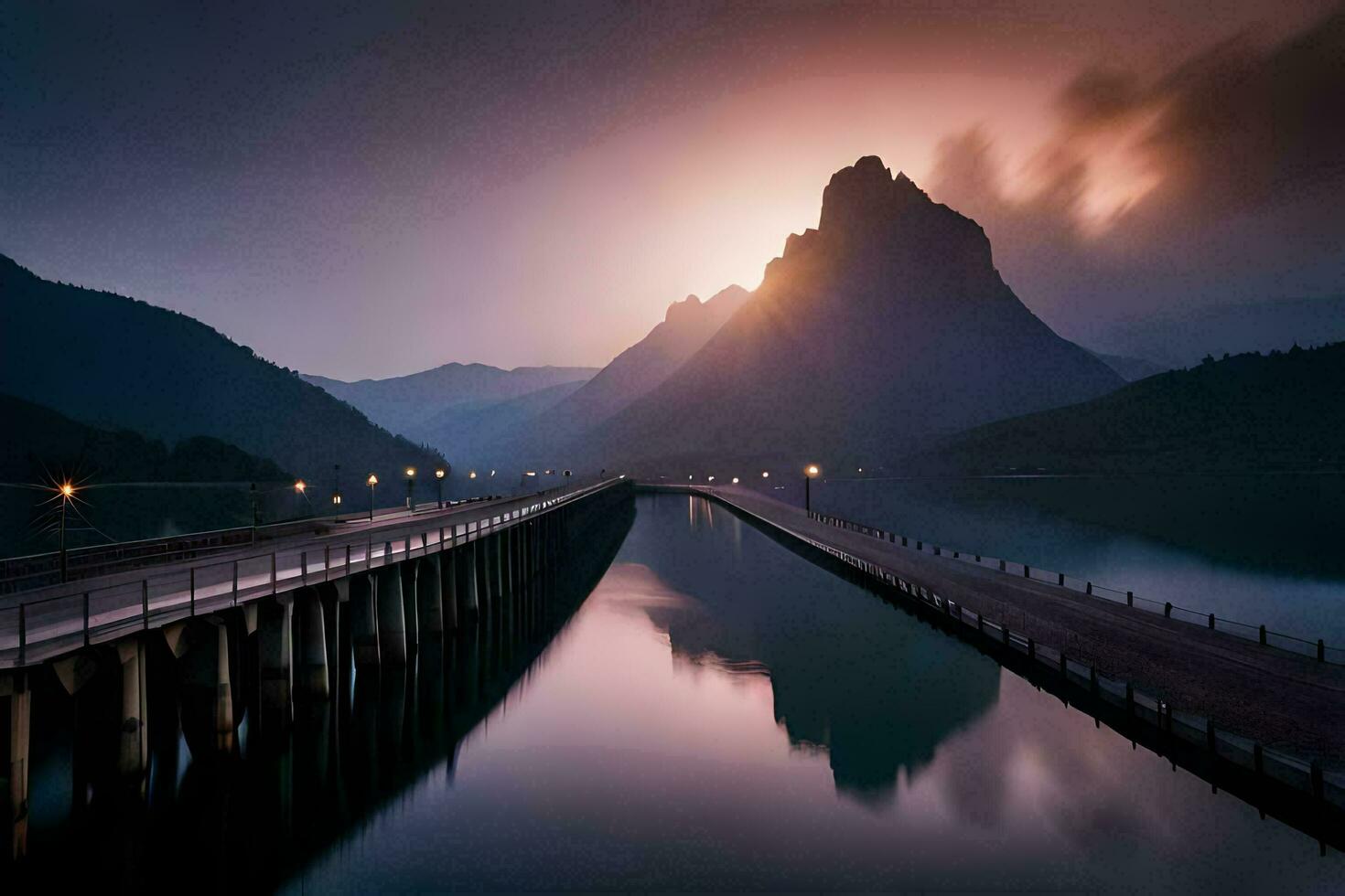 un' ponte al di sopra di un' lago a tramonto con montagne nel il sfondo. ai-generato foto