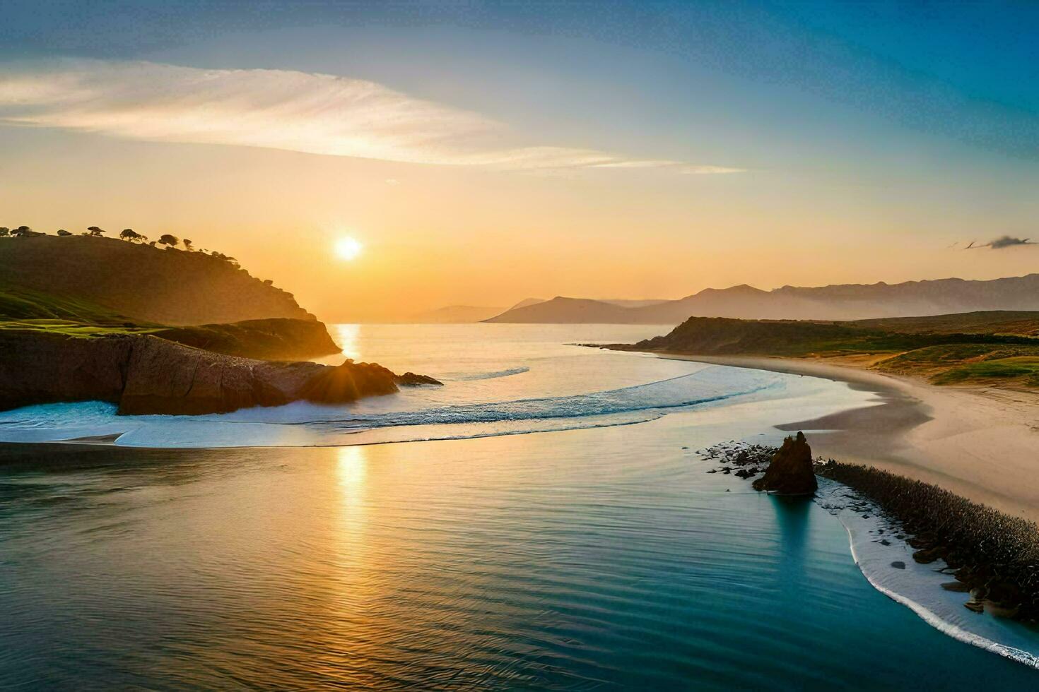 il sole imposta al di sopra di il oceano e il spiaggia nel Questo bellissimo foto. ai-generato foto