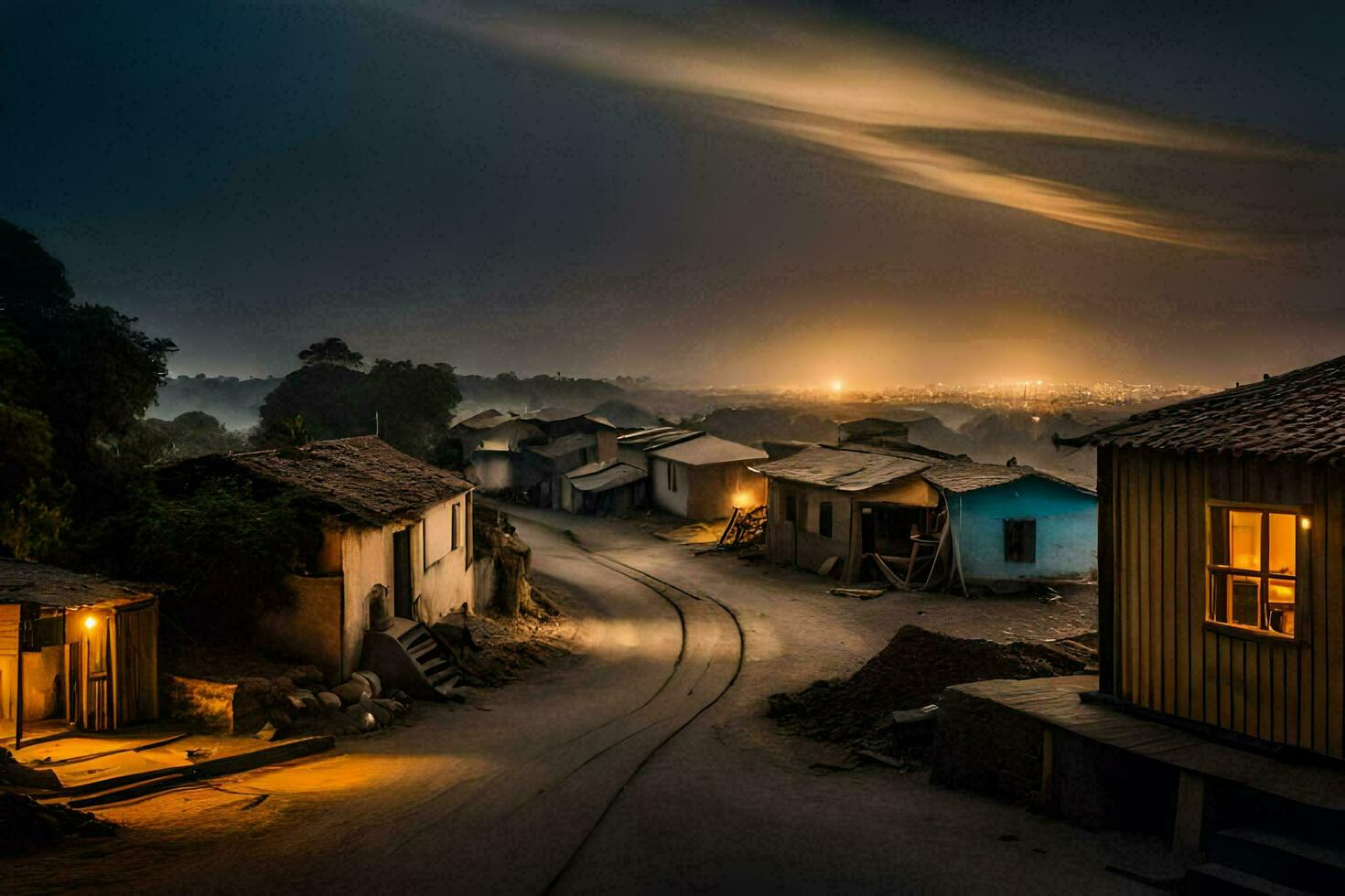 un' buio notte tiro di un' villaggio a notte. ai-generato foto