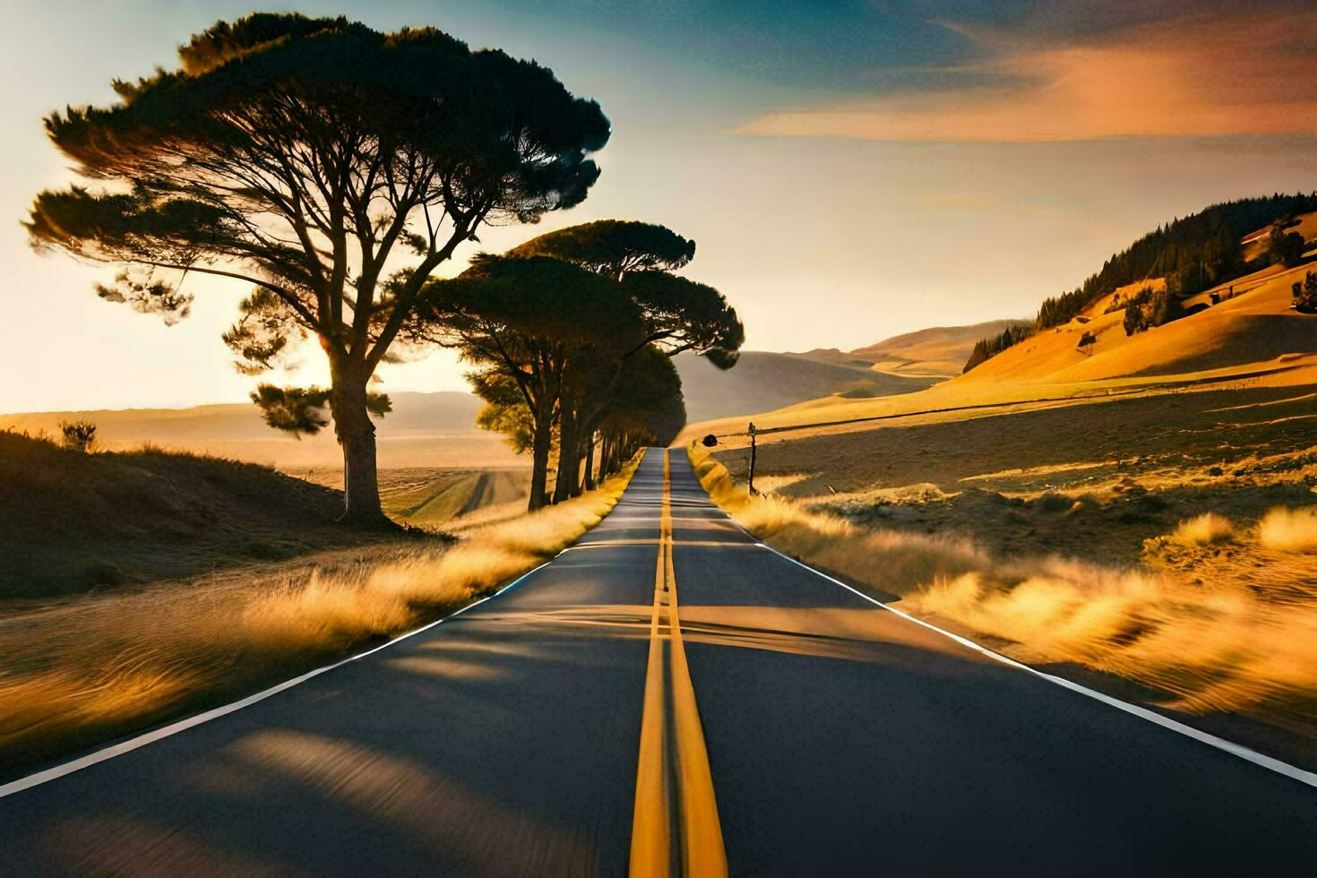 un' lungo strada con alberi nel il distanza. ai-generato foto