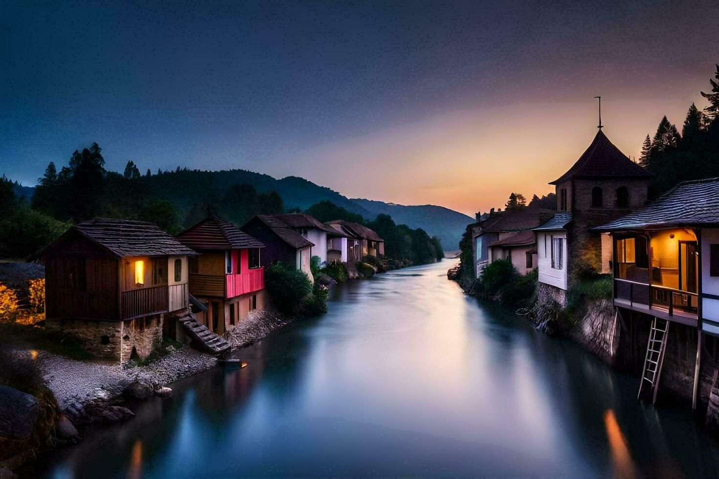 un' fiume corre attraverso un' cittadina a tramonto. ai-generato foto