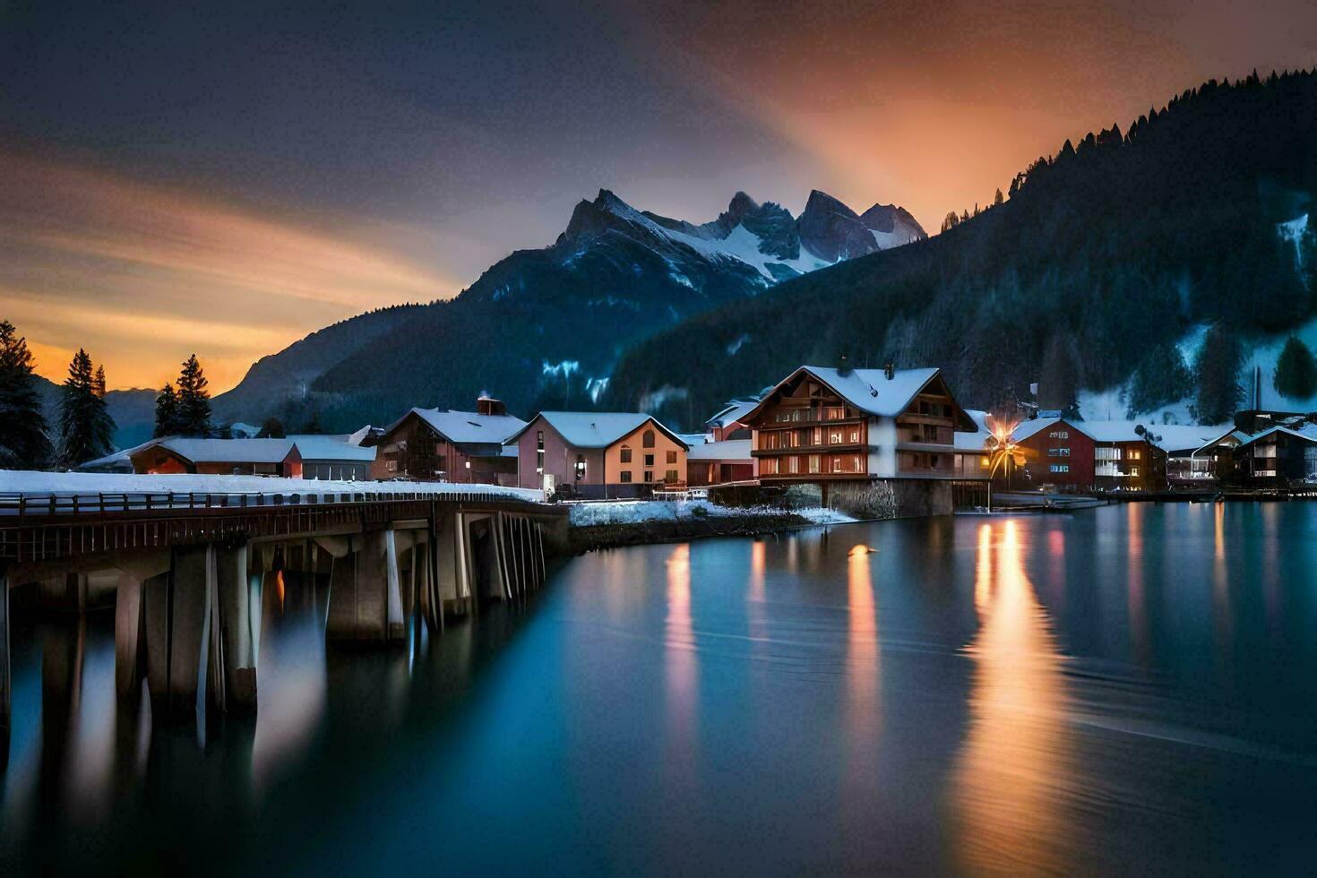 foto sfondo il cielo, montagne, acqua, lago, Casa, ponte, inverno, il al. ai-generato