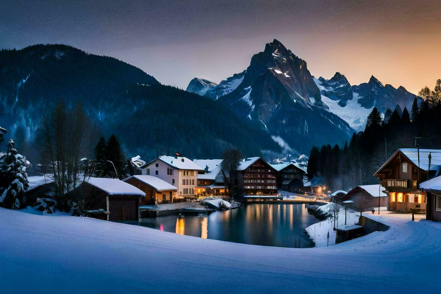 un' inverno scena con neve coperto montagne e un' lago. ai-generato foto