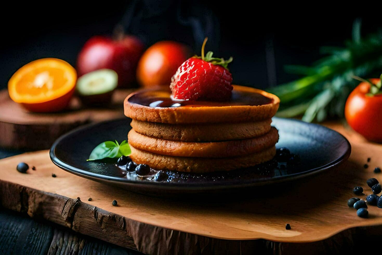 pila di Pancakes con fragole e sciroppo su un' nero piatto. ai-generato foto