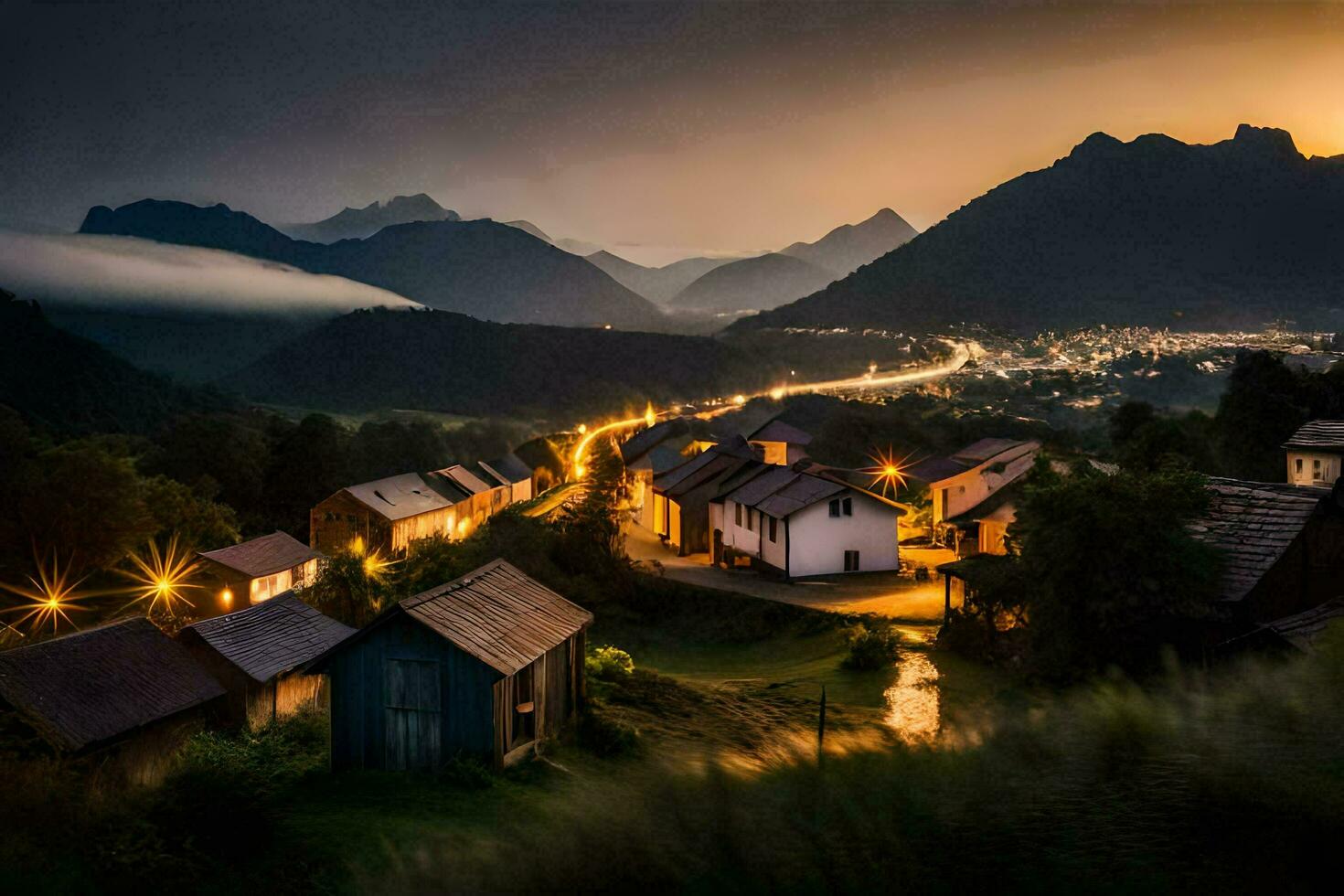 un' villaggio nel il montagne a crepuscolo. ai-generato foto