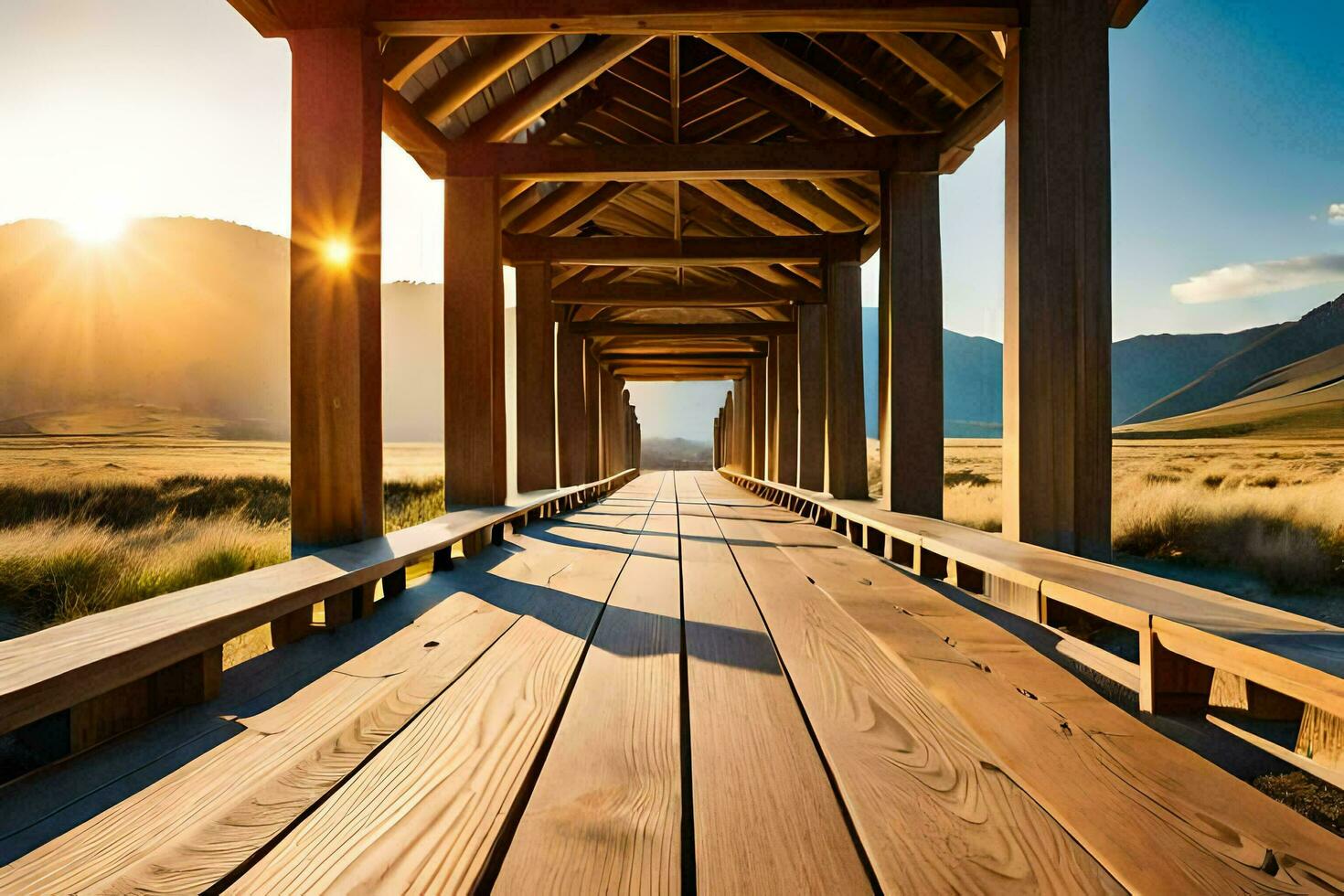 un' di legno ponte conduce per il sole nel il distanza. ai-generato foto