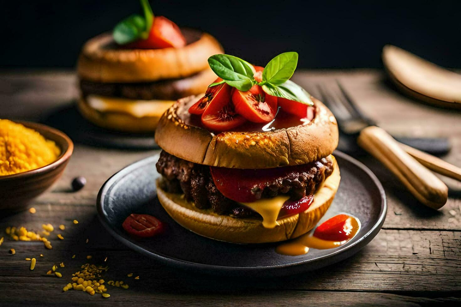 un' Hamburger con formaggio, pomodori e erbe aromatiche su un' piatto. ai-generato foto