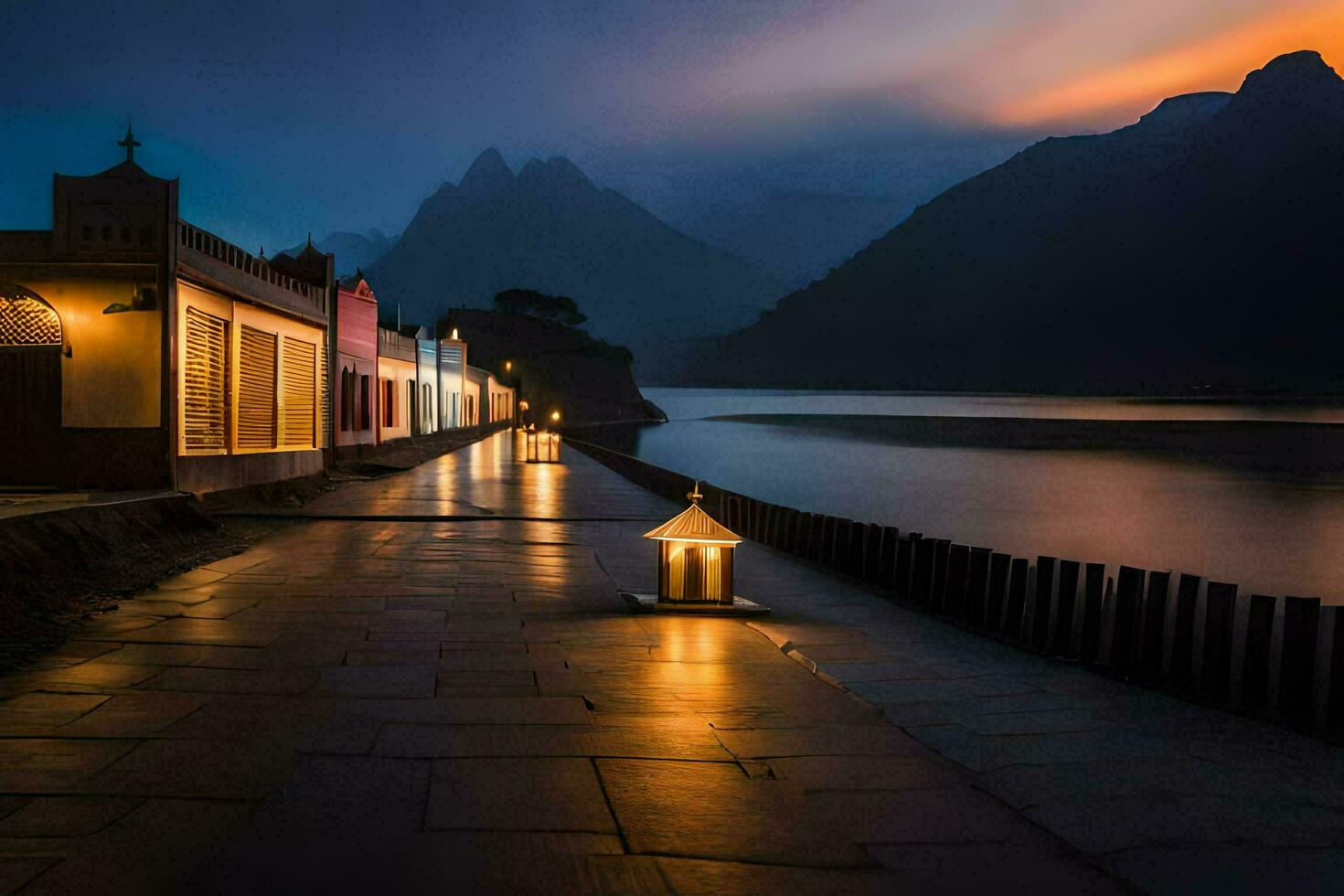 un' lungo passerella lungo il acqua con luci su il lato. ai-generato foto