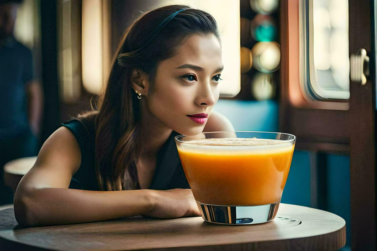 un' donna seduta a un' tavolo con un arancia succo. ai-generato foto