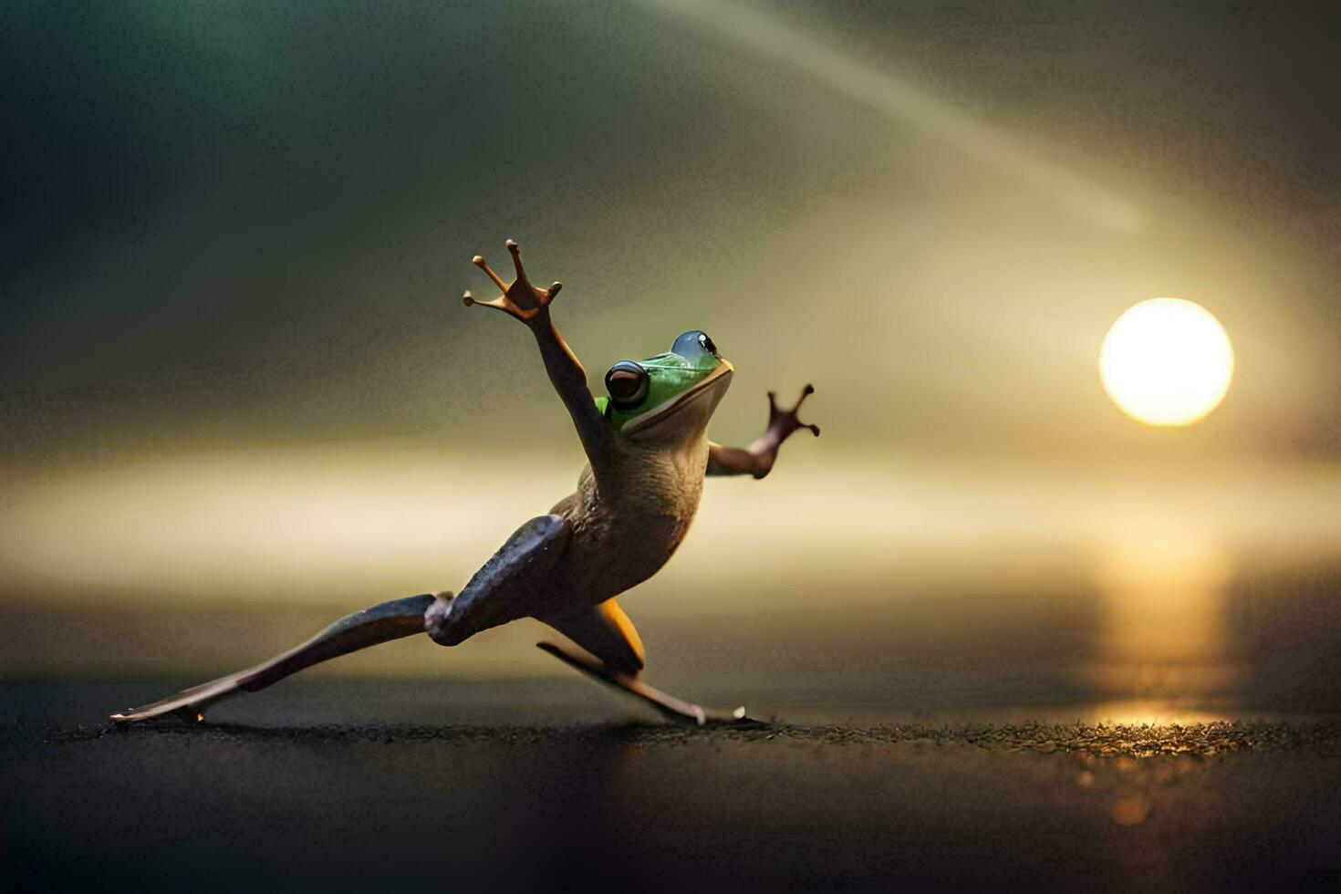 un' rana è salto nel il aria con suo braccia proteso. ai-generato foto