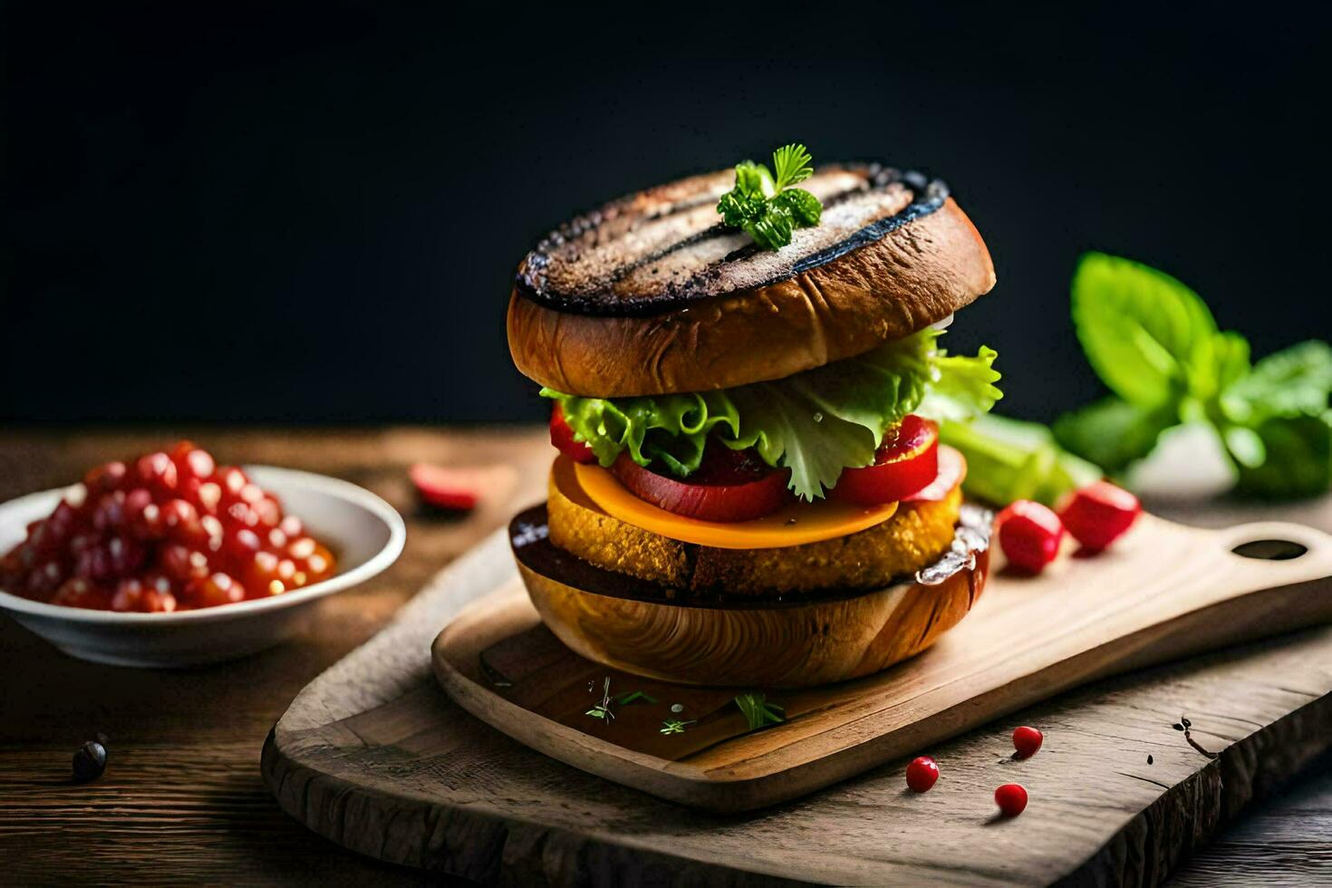 un' Hamburger con verdure e pomodori su un' di legno taglio tavola. ai-generato foto