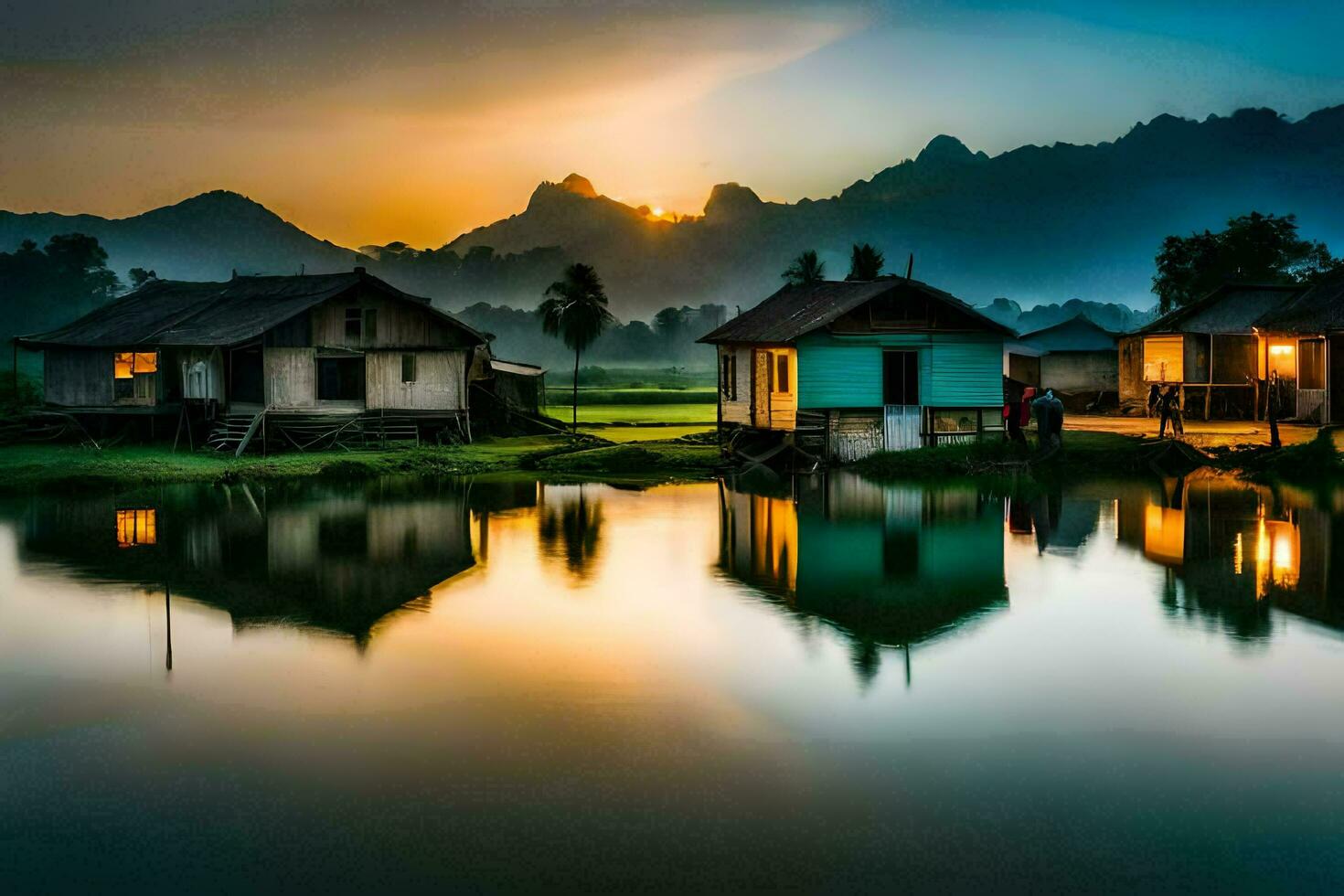 case su il acqua a tramonto con montagne nel il sfondo. ai-generato foto