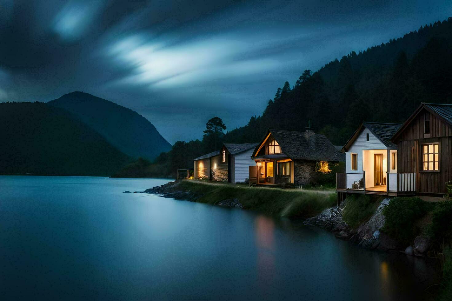 foto sfondo il cielo, montagne, lago, Casa, Casa, il scuro, lago, il. ai-generato