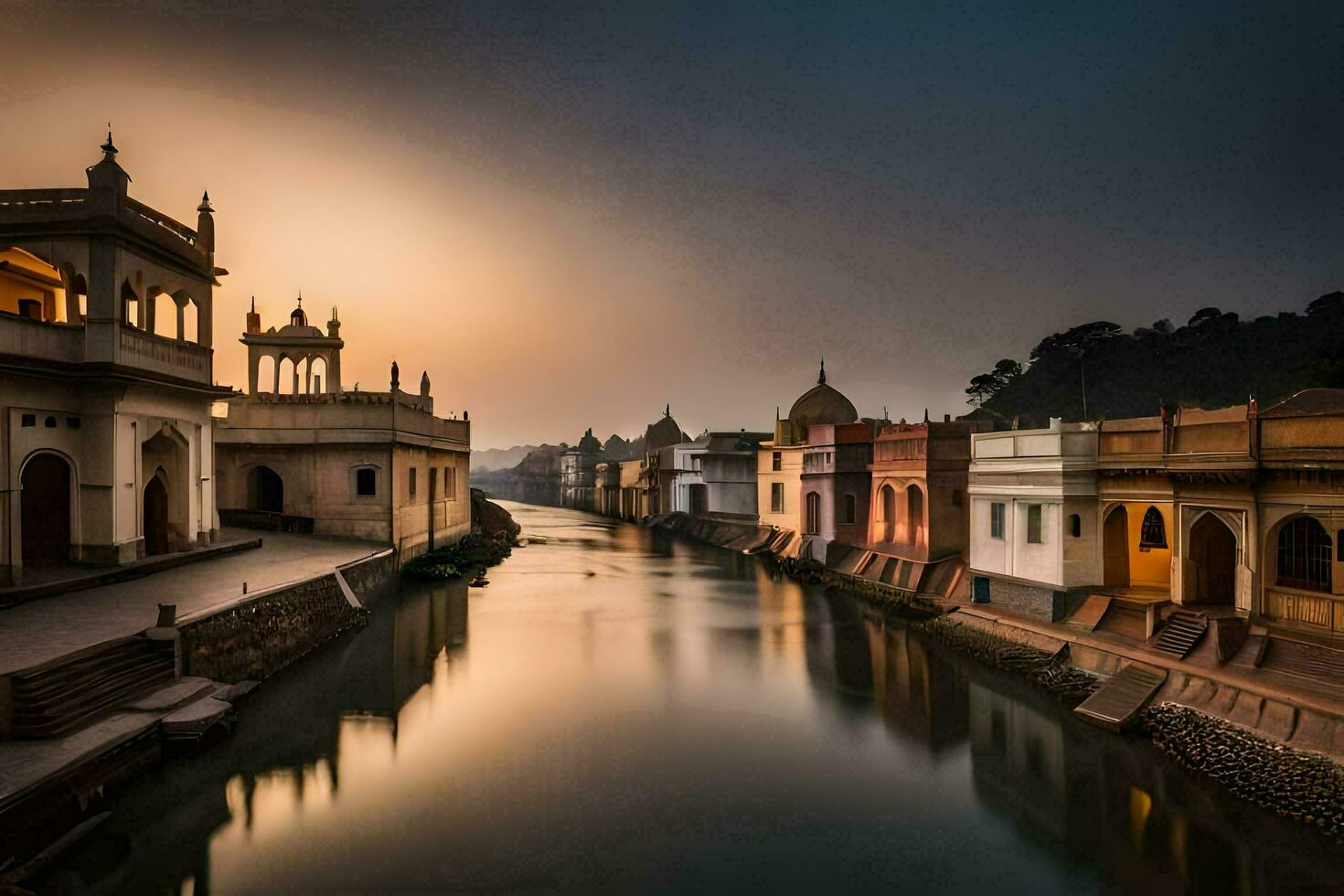 il fiume nel davanti di un' edificio a tramonto. ai-generato foto