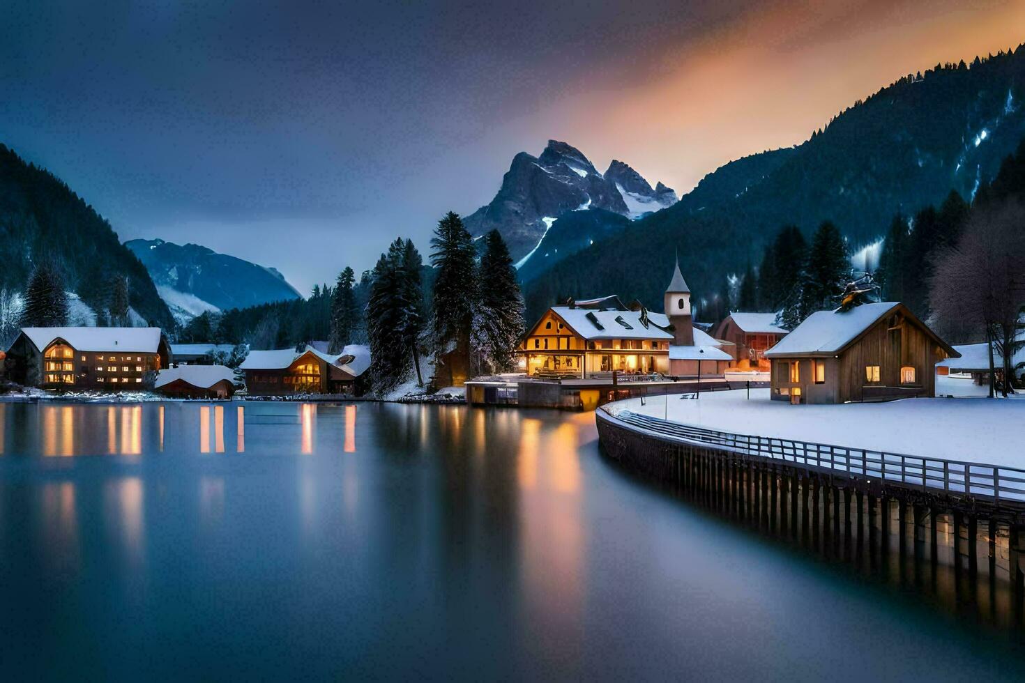 un' lago e un' montagna villaggio a tramonto. ai-generato foto