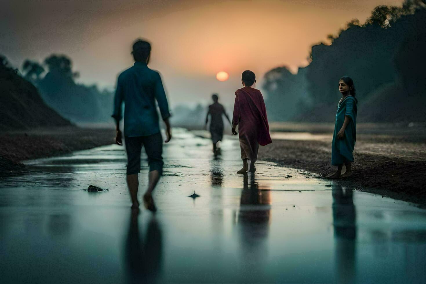 tre persone a piedi lungo un' fiume a tramonto. ai-generato foto