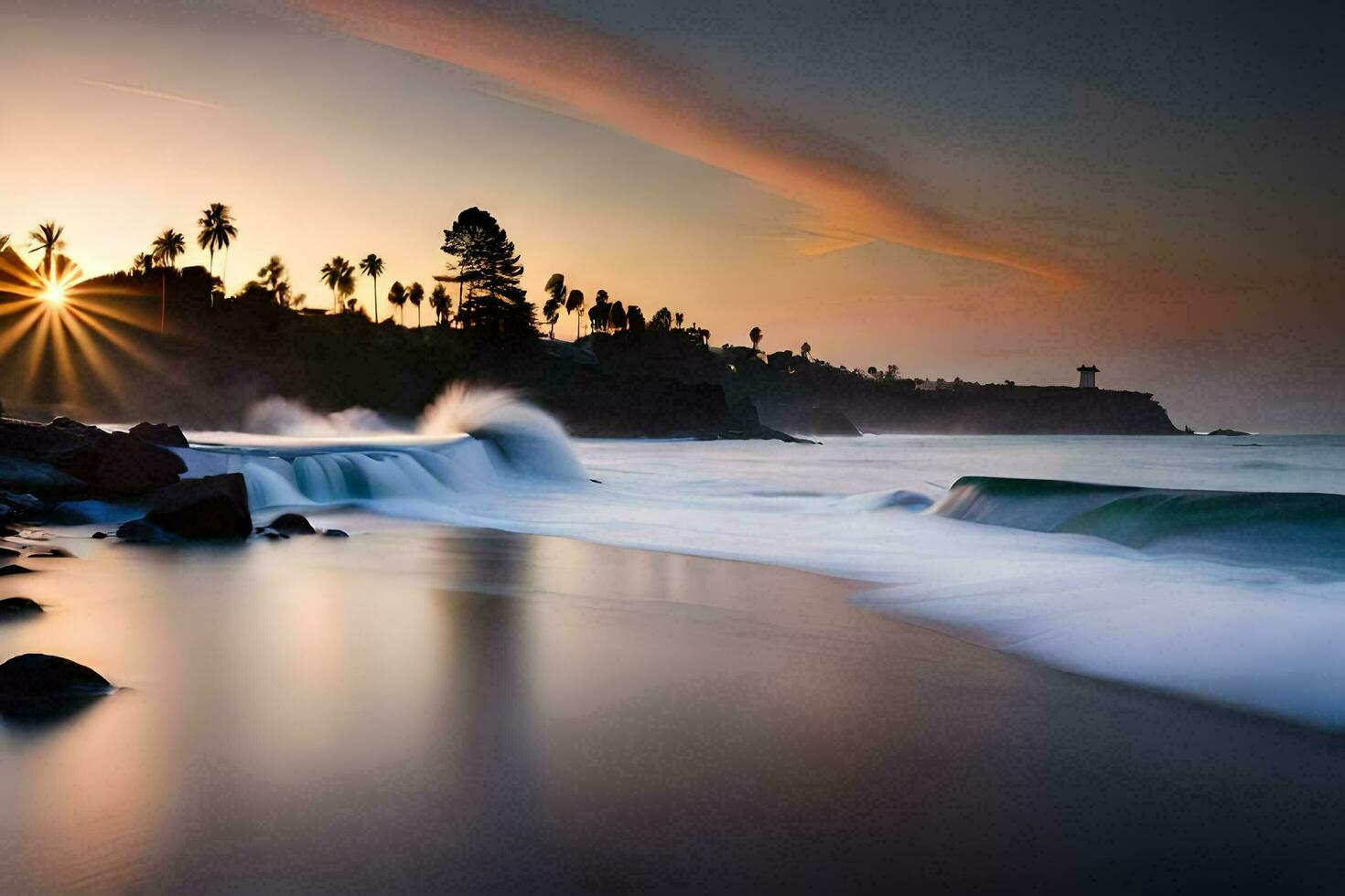 un' bellissimo tramonto al di sopra di il oceano con onde Crashing in il costa. ai-generato foto