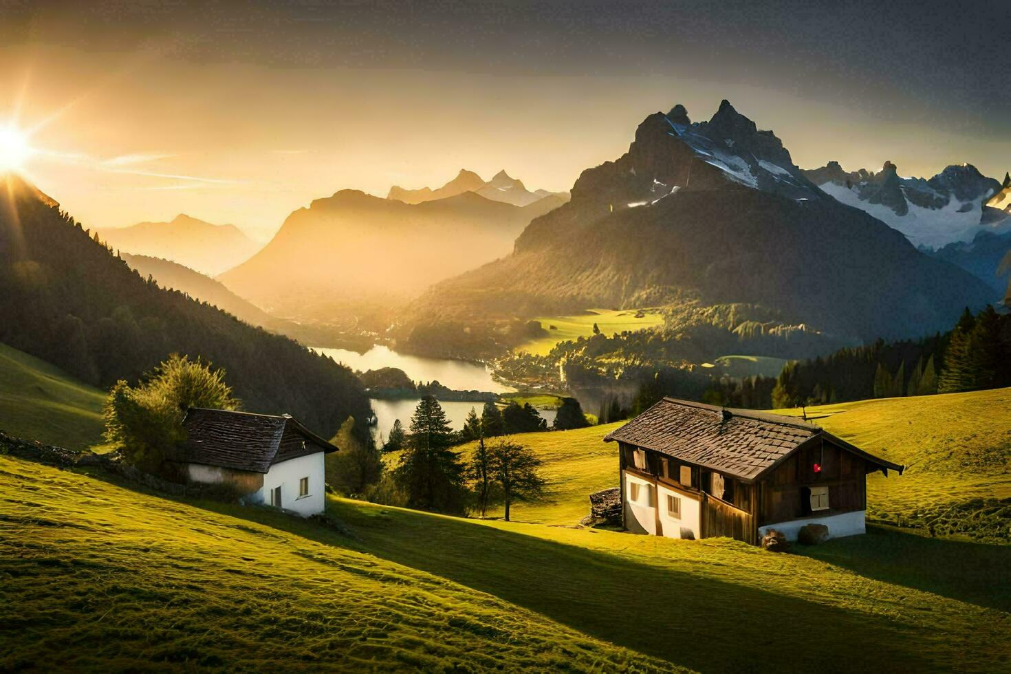 il sole sorge al di sopra di il montagne e il Casa nel il primo piano. ai-generato foto