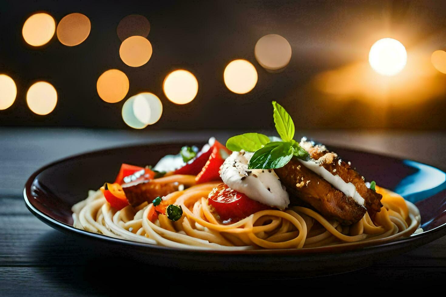 un' piatto di spaghetti con pomodori e formaggio su un' di legno tavolo. ai-generato foto
